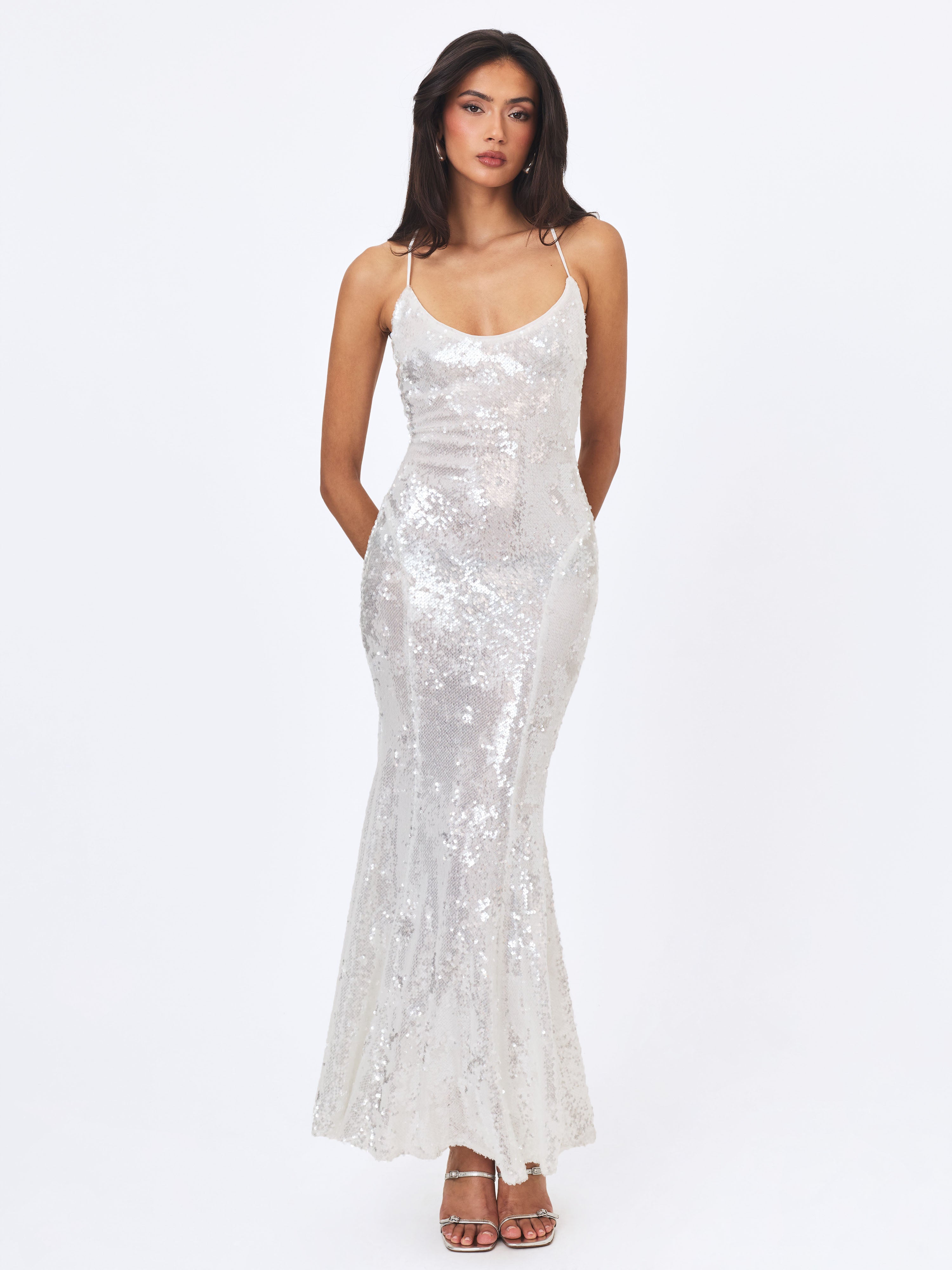 Cameron White Sequin Scoop Neck Mermaid Maxi Dress