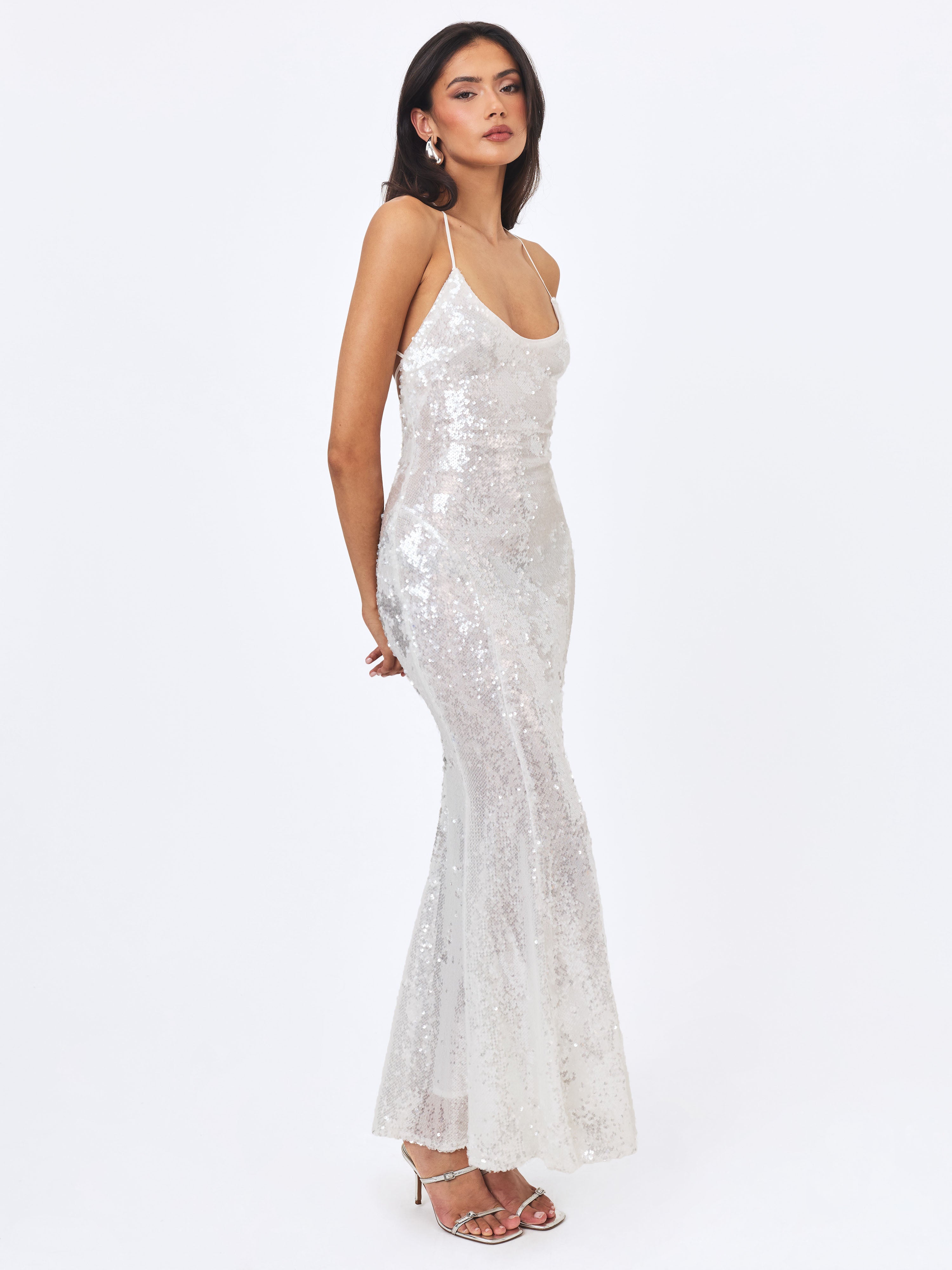 Cameron White Sequin Scoop Neck Mermaid Maxi Dress