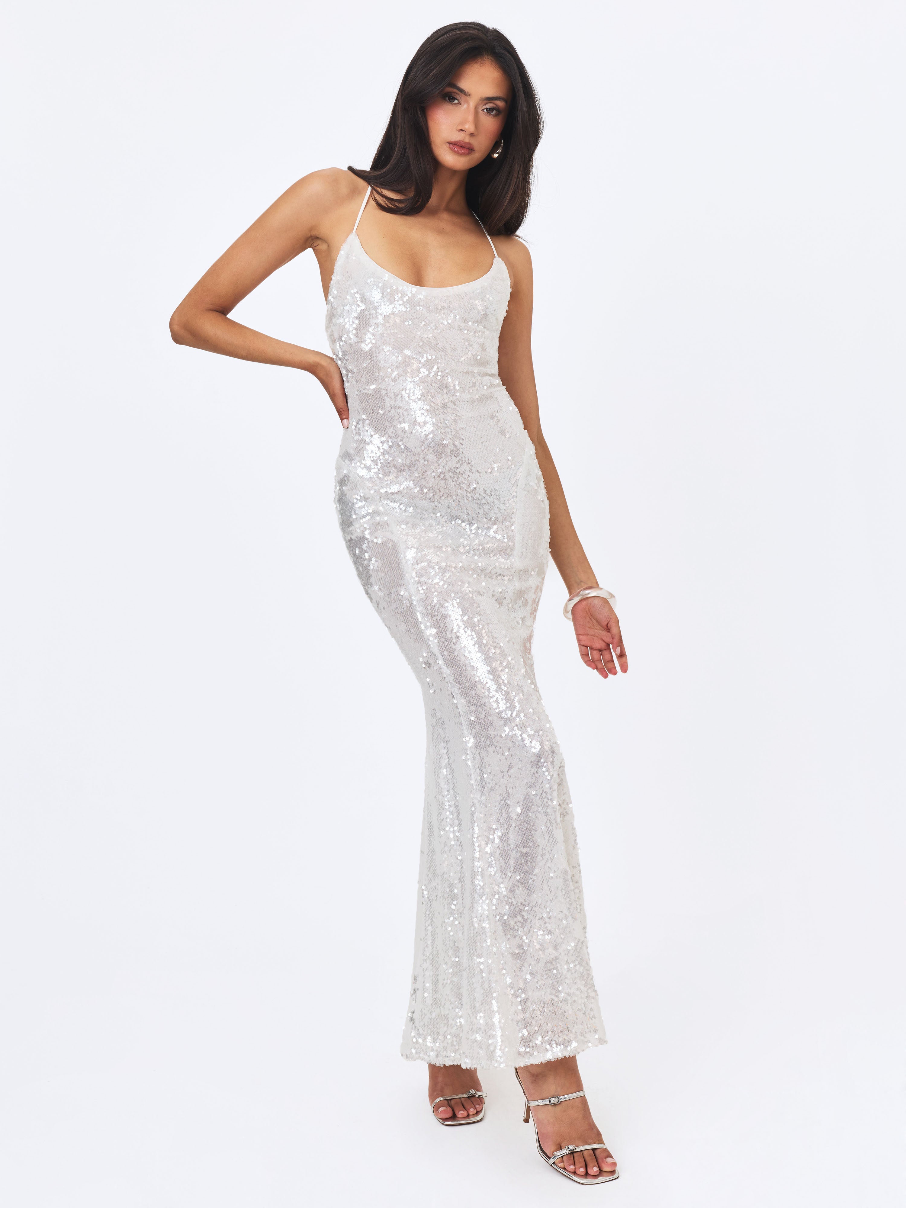 Cameron White Sequin Scoop Neck Mermaid Maxi Dress
