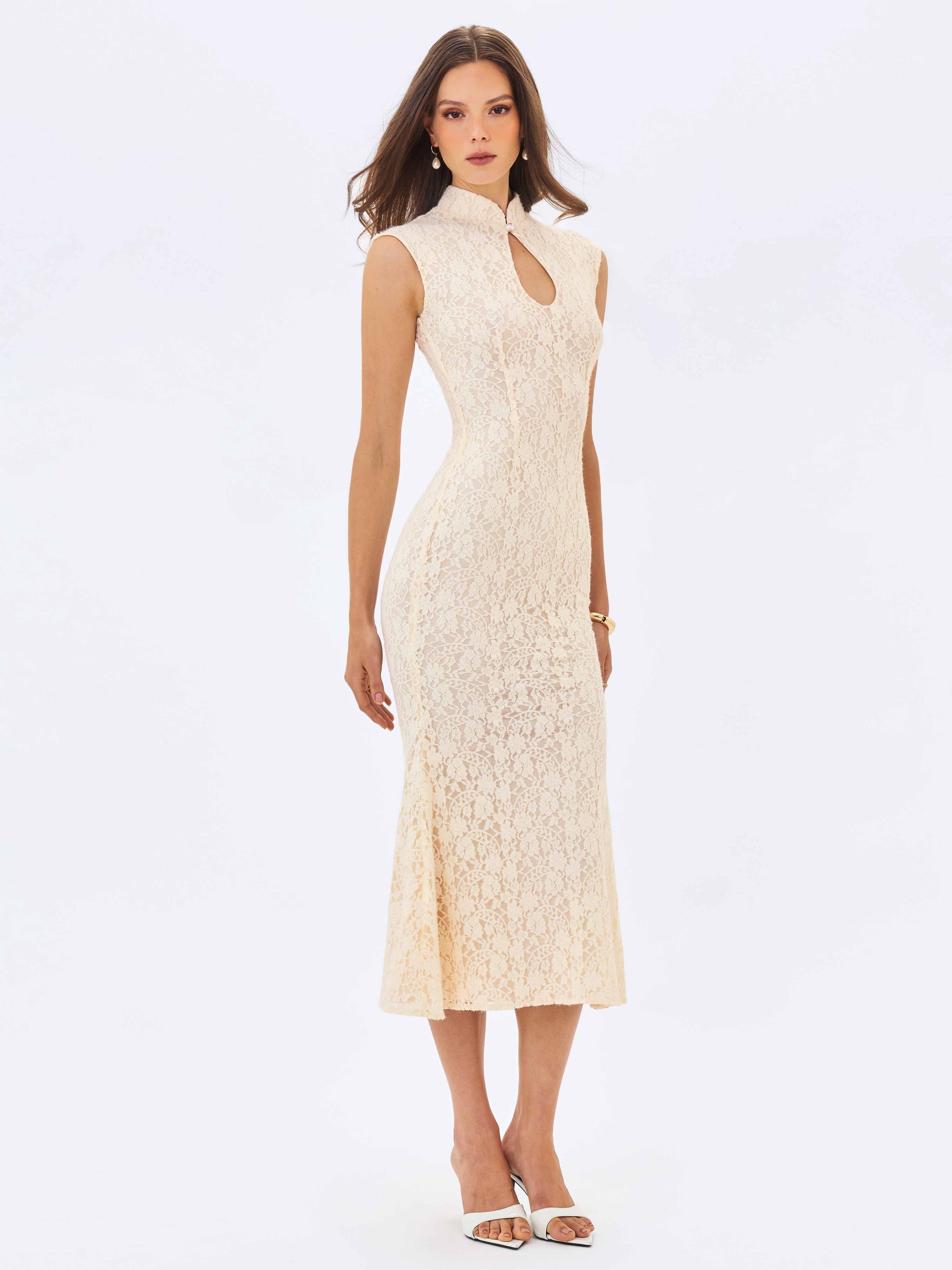 Garcelle Cream Brushed Lace Keyhole Mermaid Midi Dress