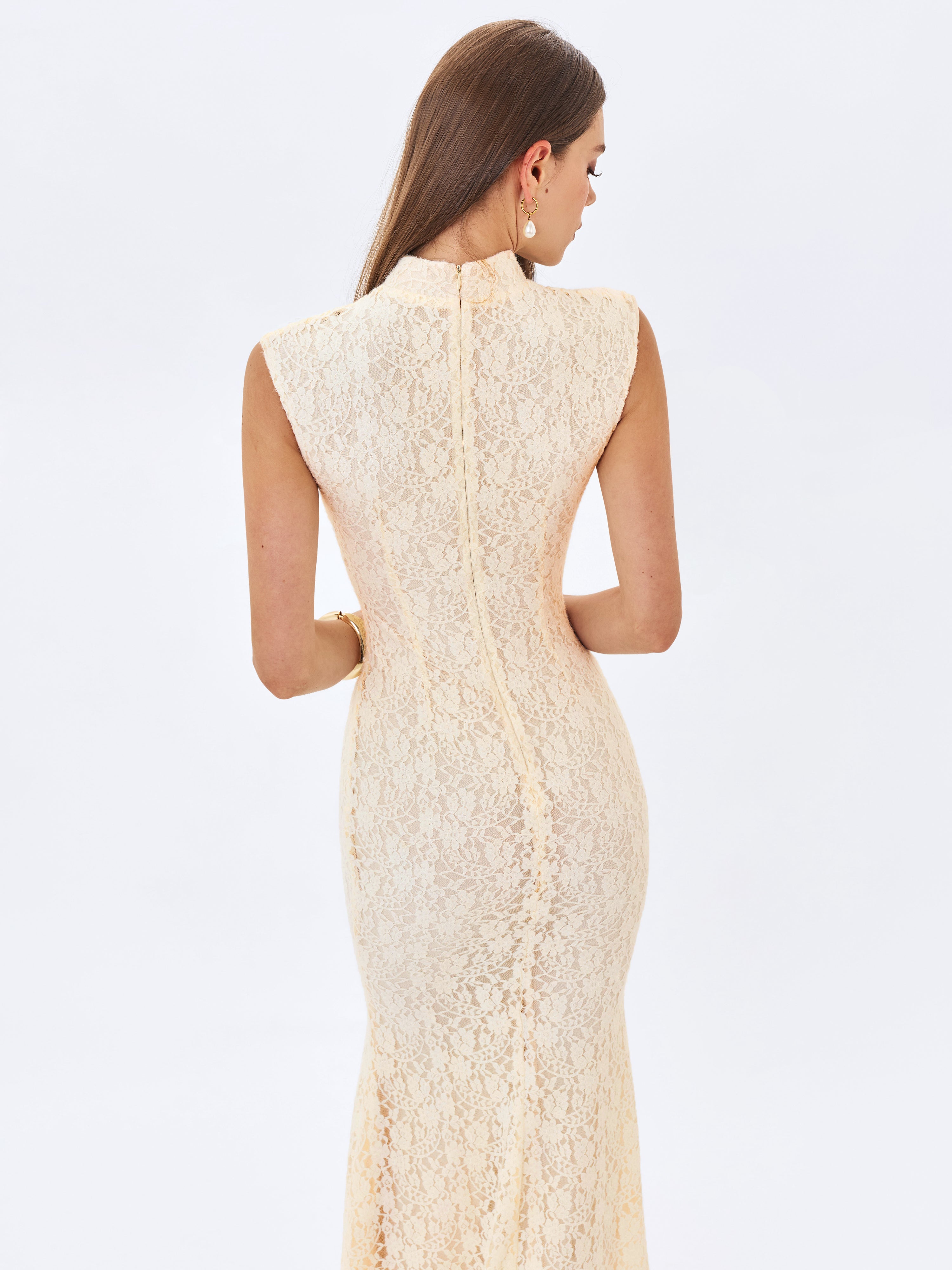 Garcelle Cream Brushed Lace Keyhole Mermaid Midi Dress