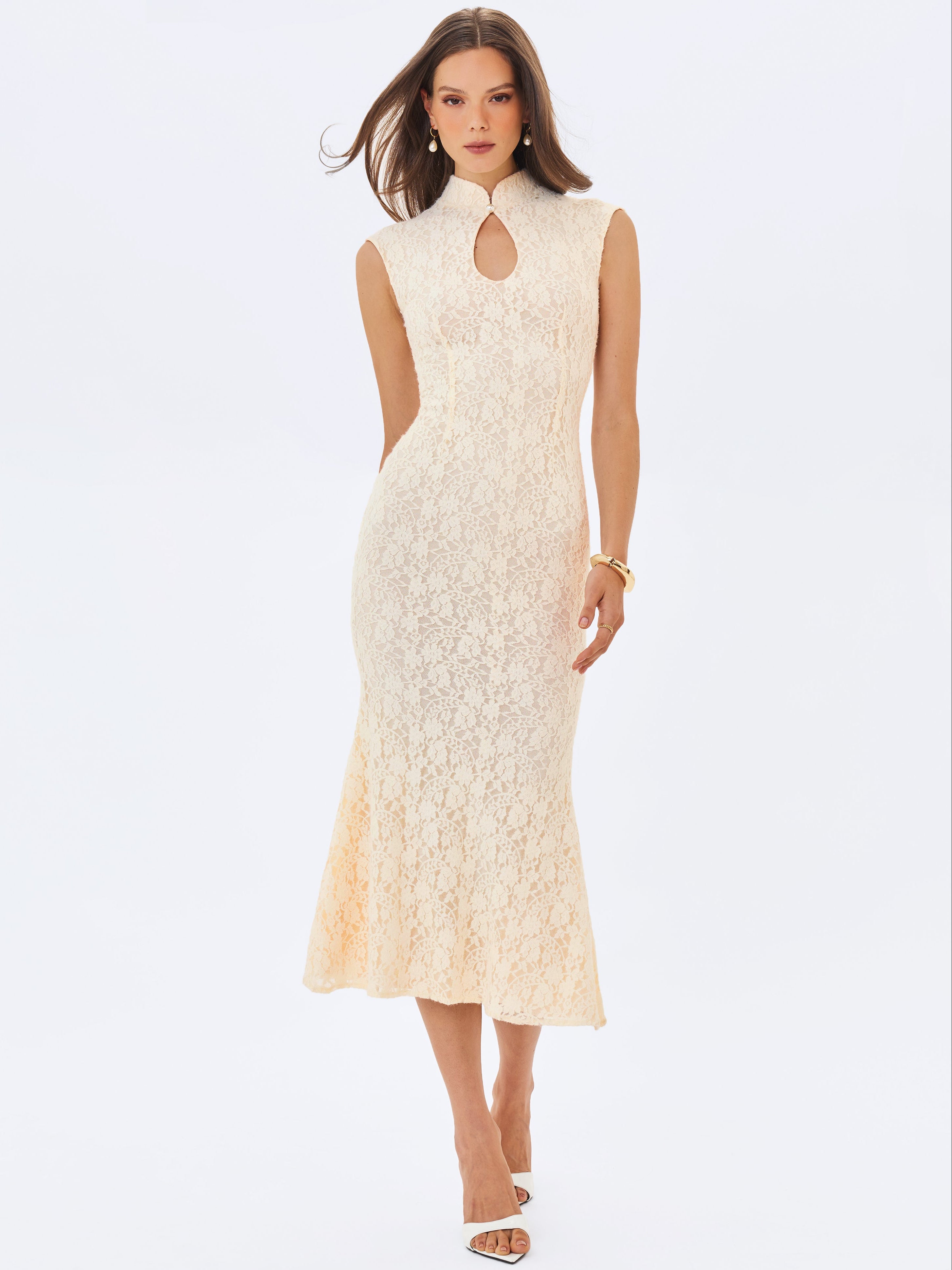 Garcelle Cream Brushed Lace Keyhole Mermaid Midi Dress