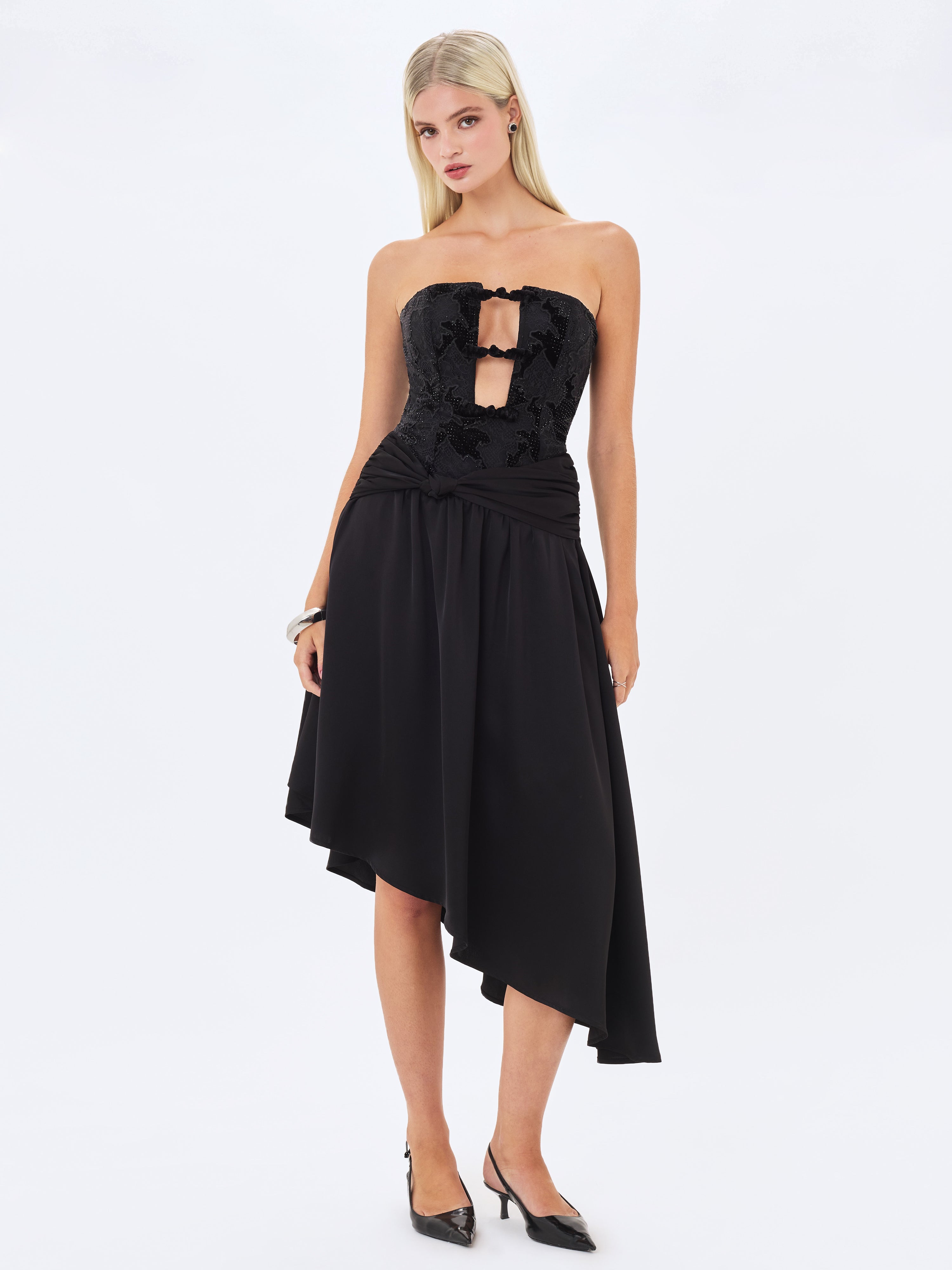 Yoseline Black Velvet Lace Cutout Asymmetrical Satin Midi Dress