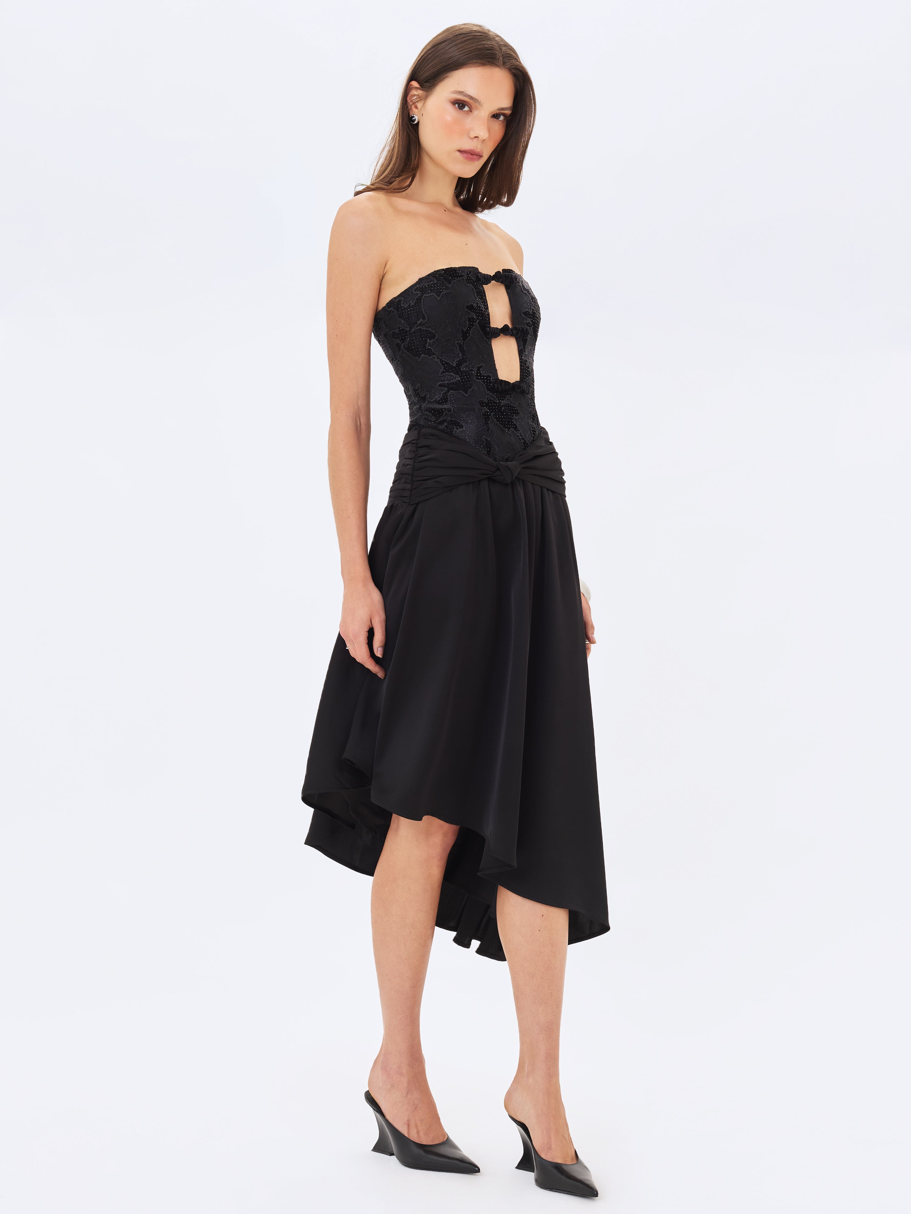 Yoseline Black Velvet Lace Cutout Asymmetrical Satin Midi Dress
