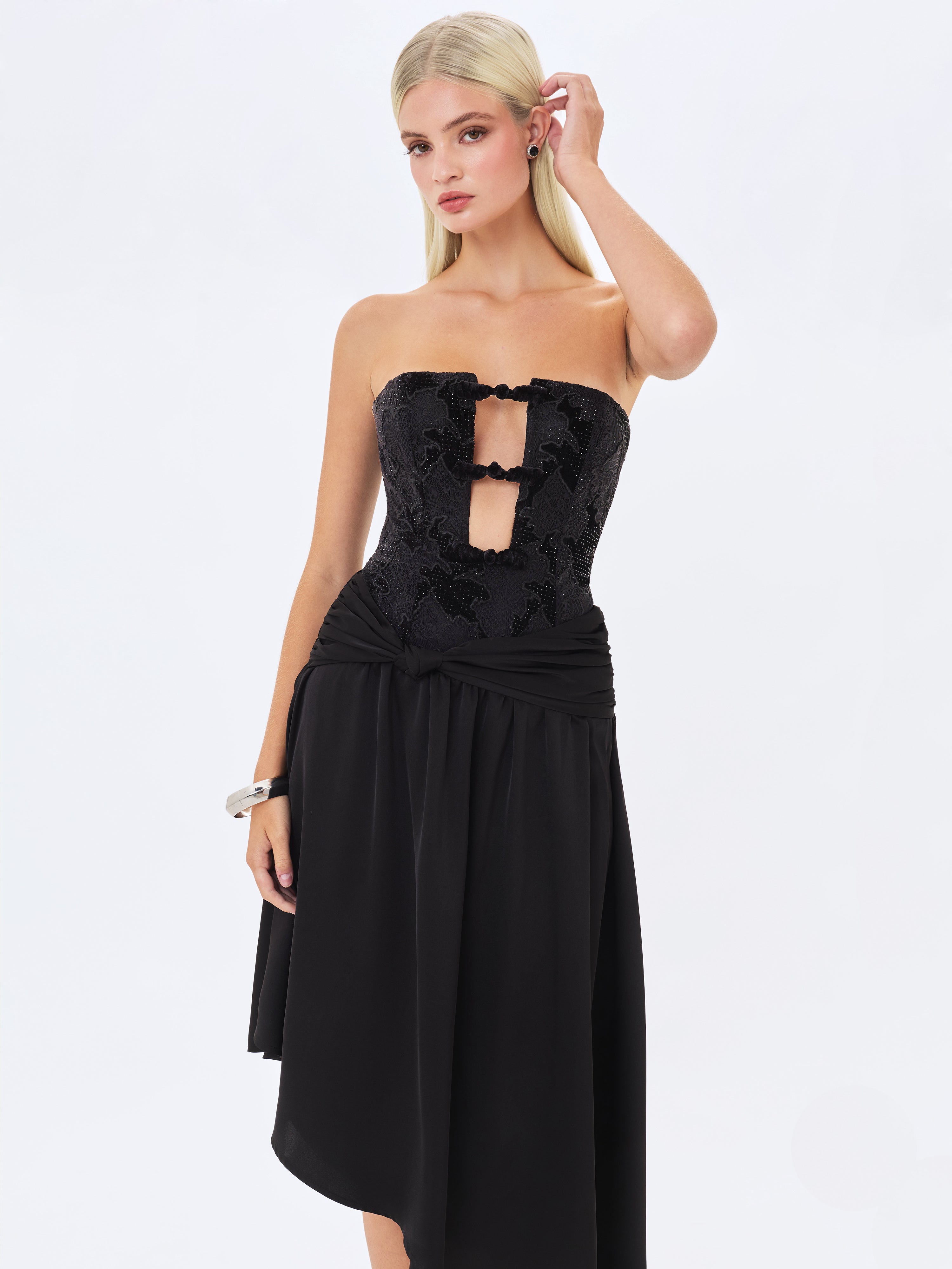 Yoseline Black Velvet Lace Cutout Asymmetrical Satin Midi Dress