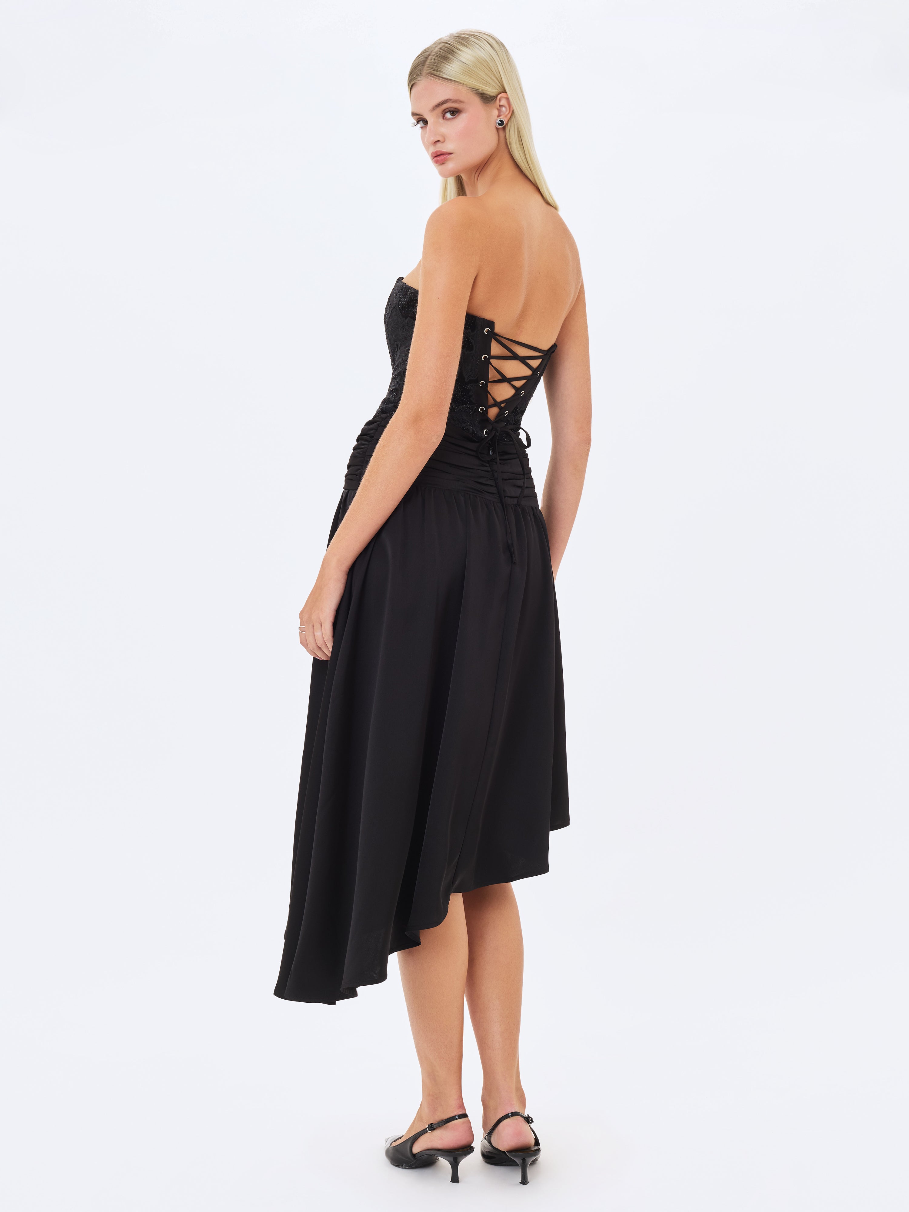 Yoseline Black Velvet Lace Cutout Asymmetrical Satin Midi Dress