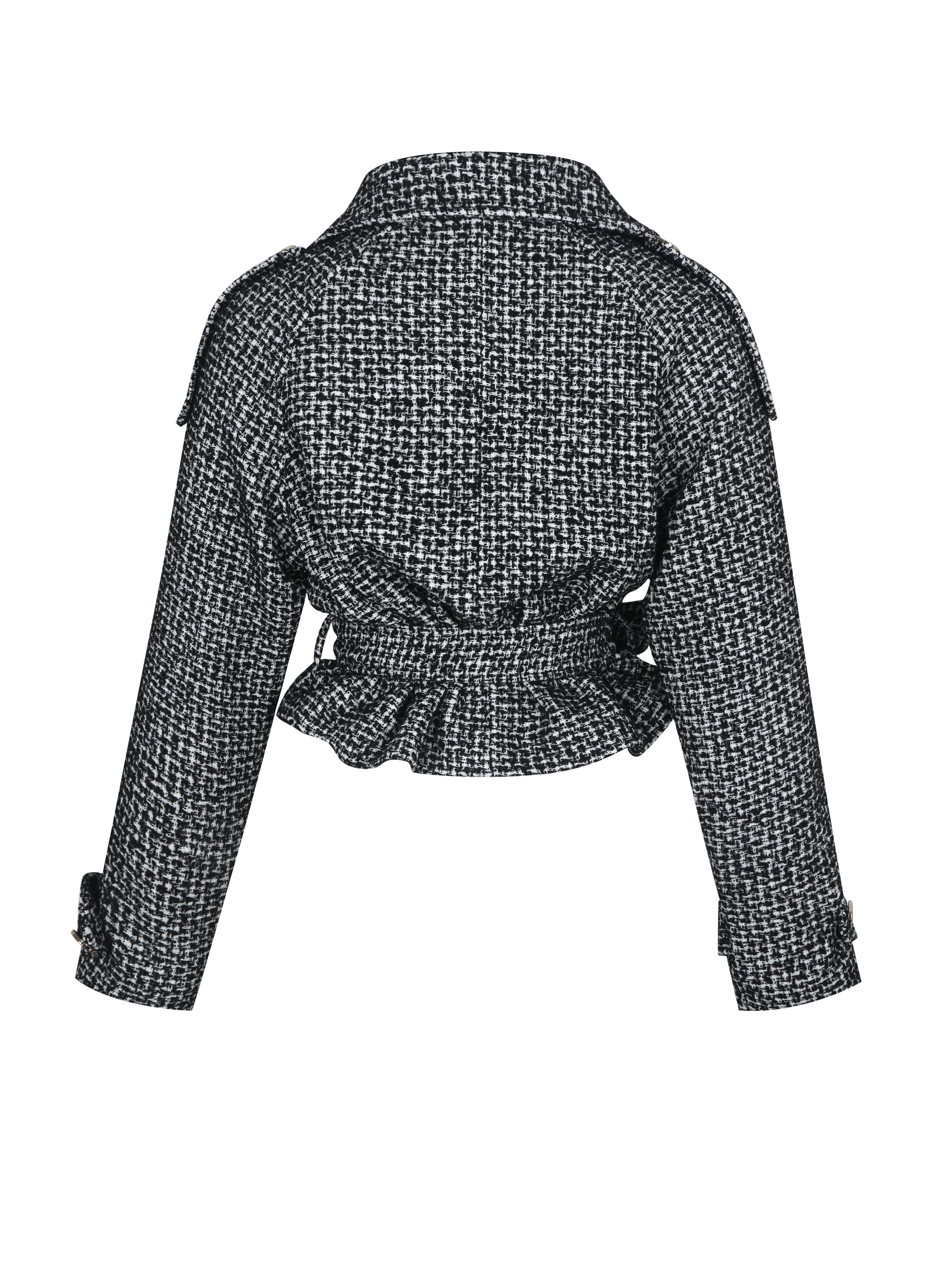 Sadie Black & White Tweed High Collar Belted Mini Jacket