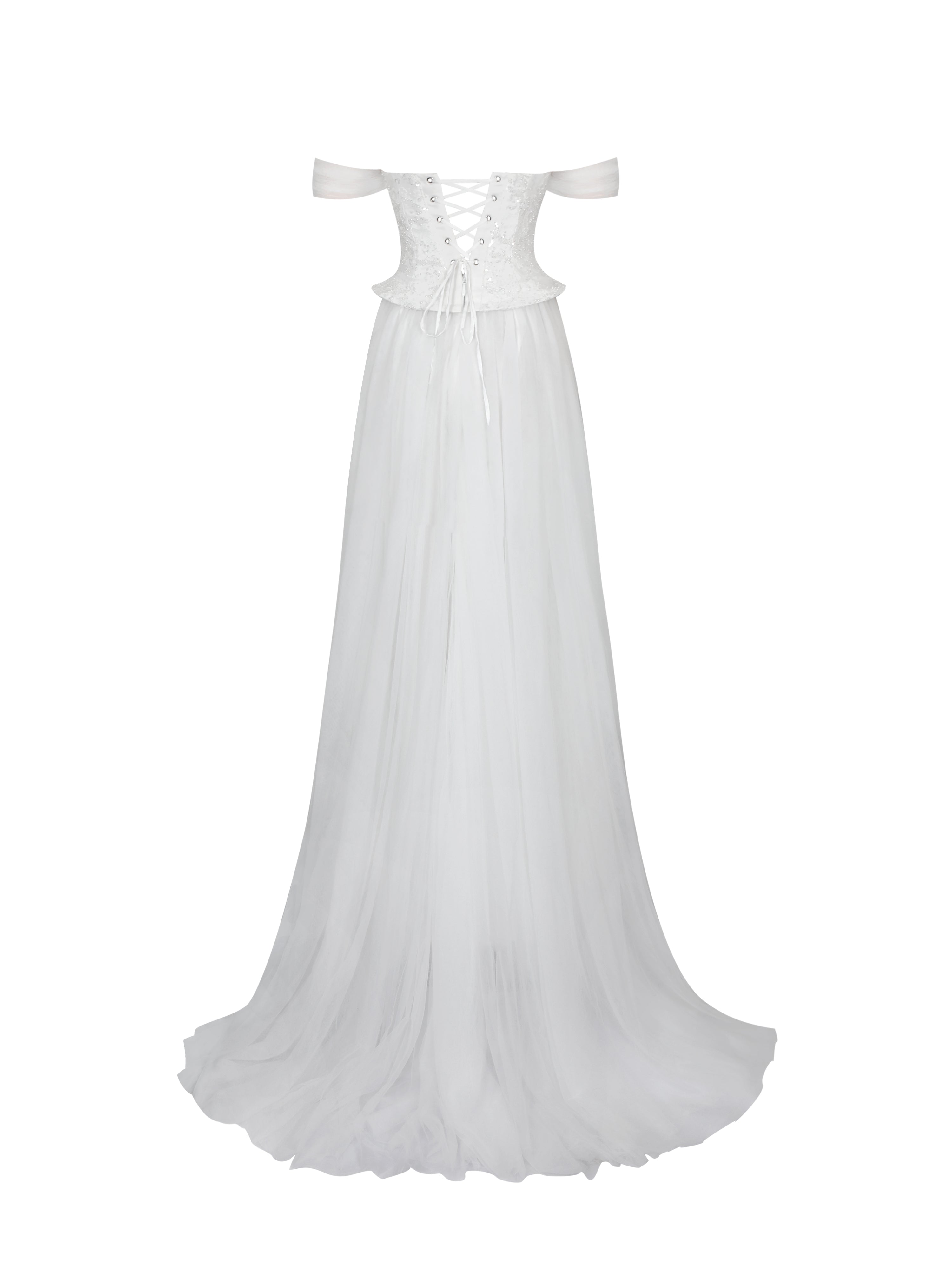 Jianna White Beaded Peplum Bardot Neckline Wedding Gown