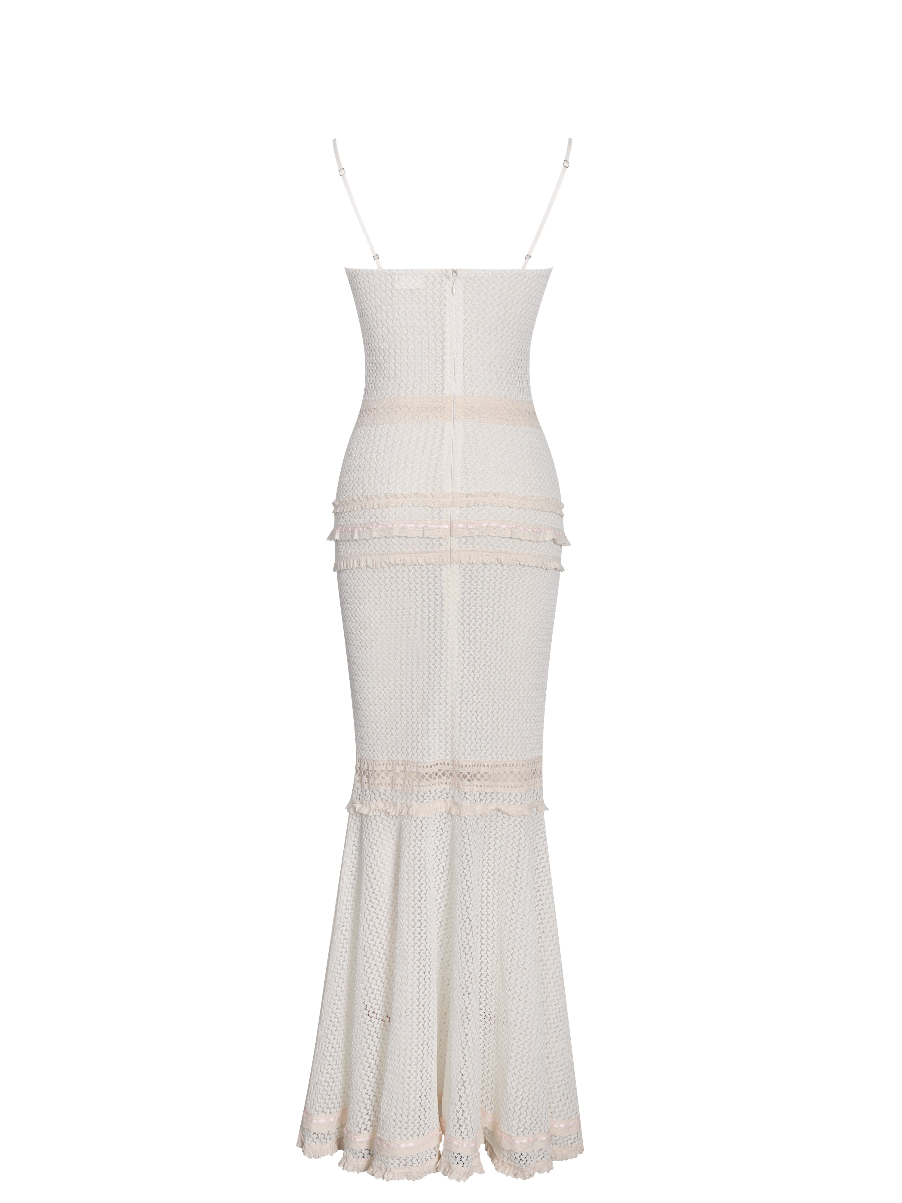 Pallas Beige Lace Trim Crochet Mermaid Maxi Dress