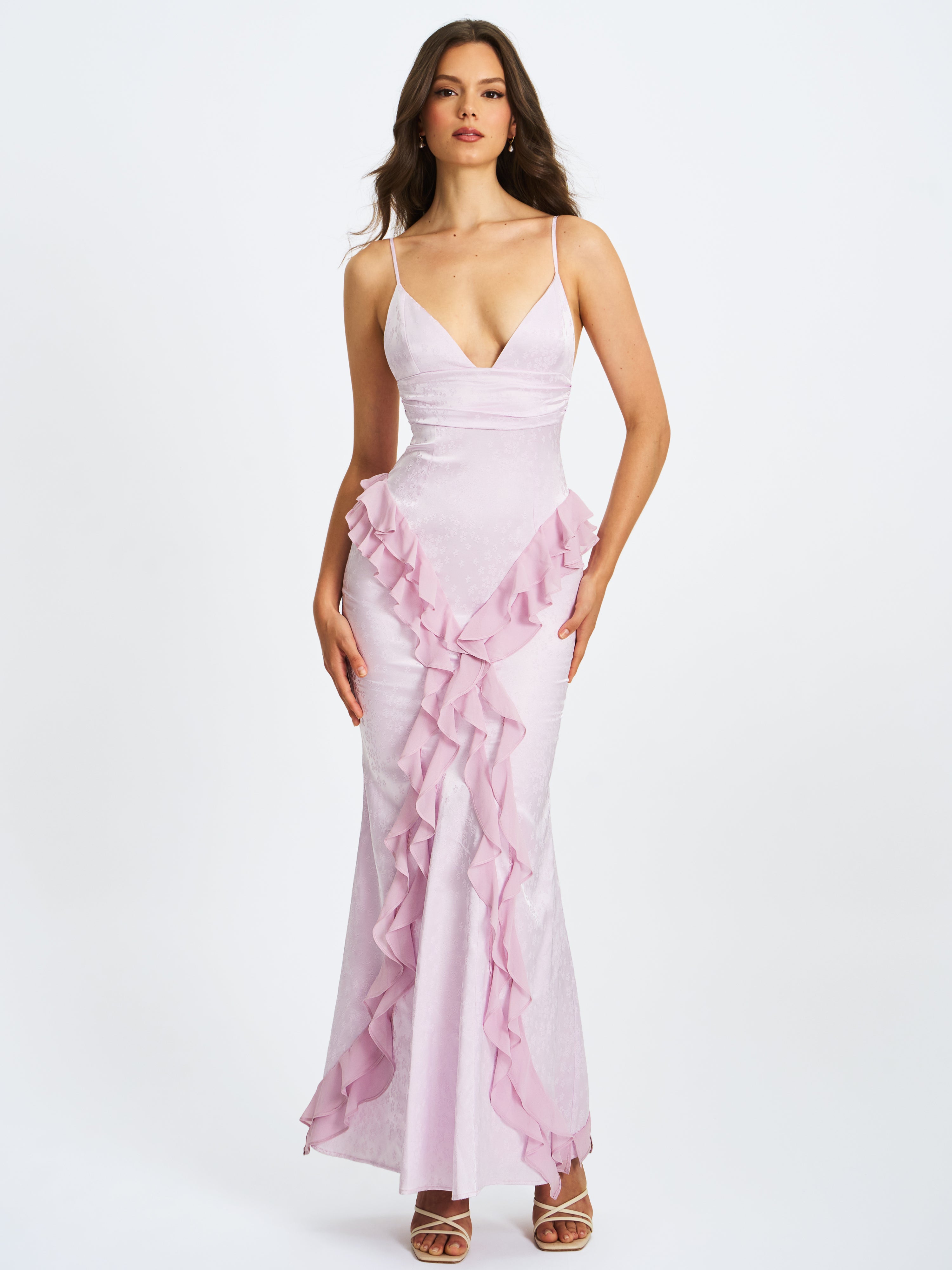 Paolina Taro Pink Jacquard Ruffle Mermaid Maxi Dress