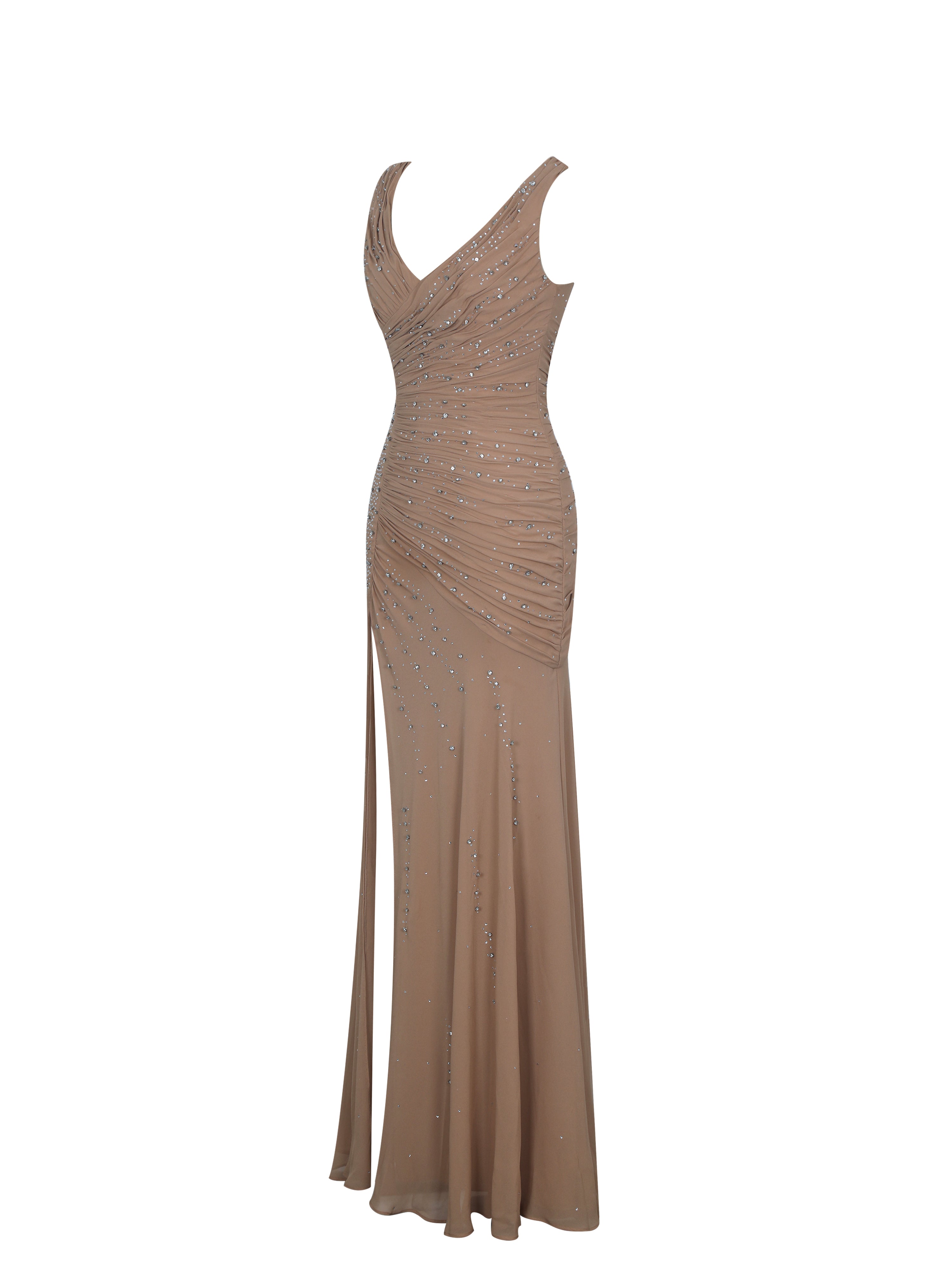 Viveca Apricot Crystal-Embellished Asymmetrical Ruched Maxi Dress