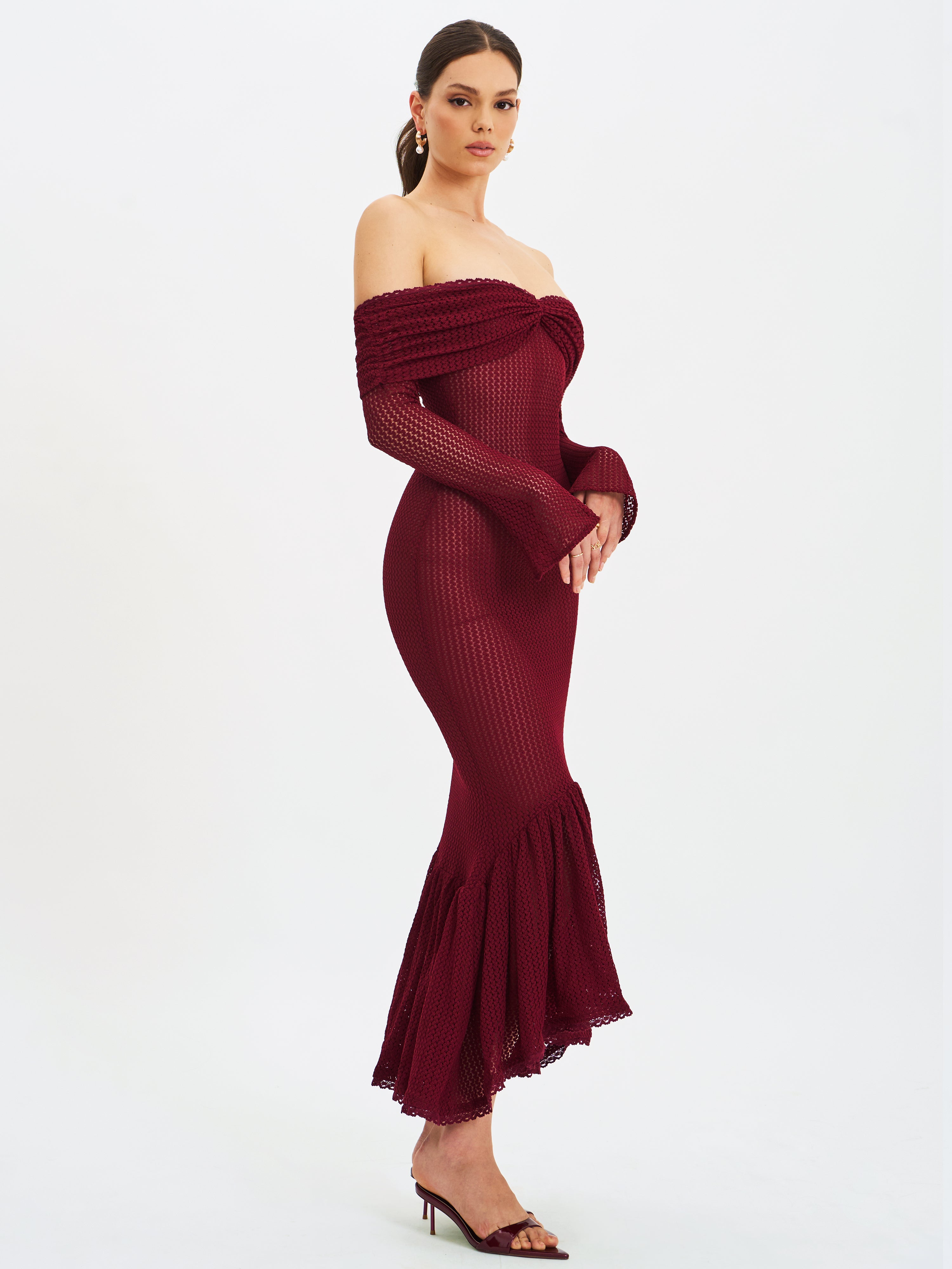 Kaedyn Burgundy Off Shoulder Long Sleeve Crochet Mermaid Maxi Dress