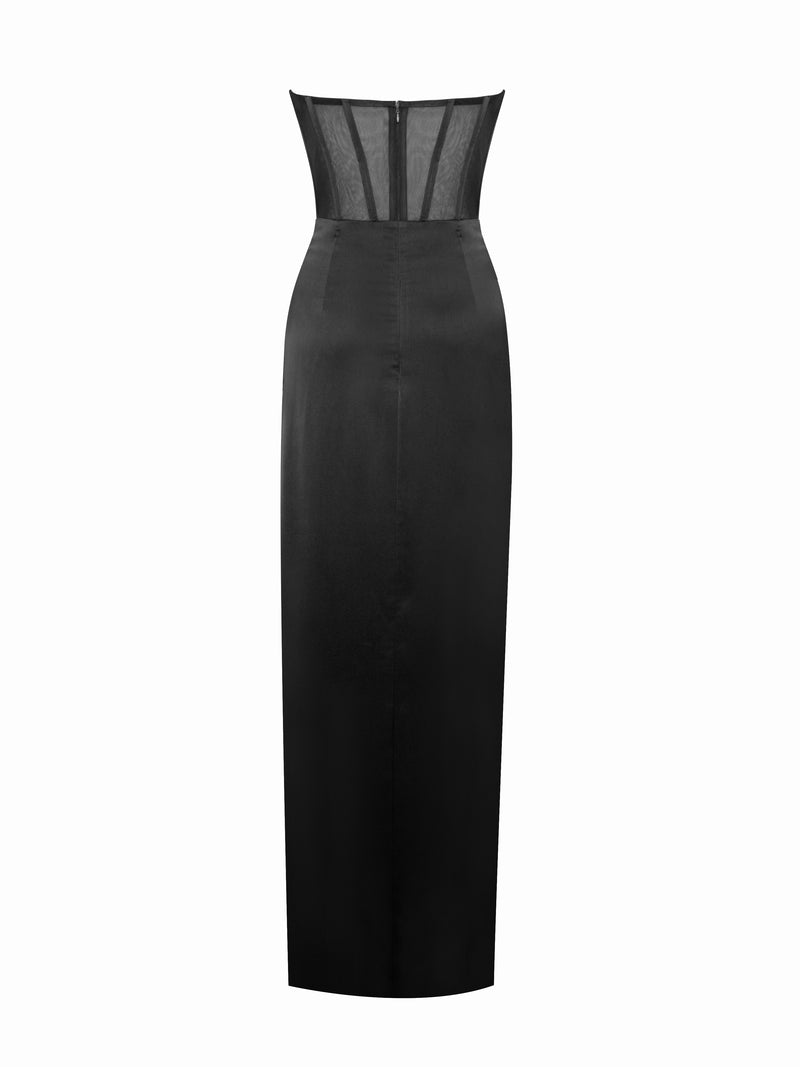 Talia Black Satin Lace Corset Maxi Dress