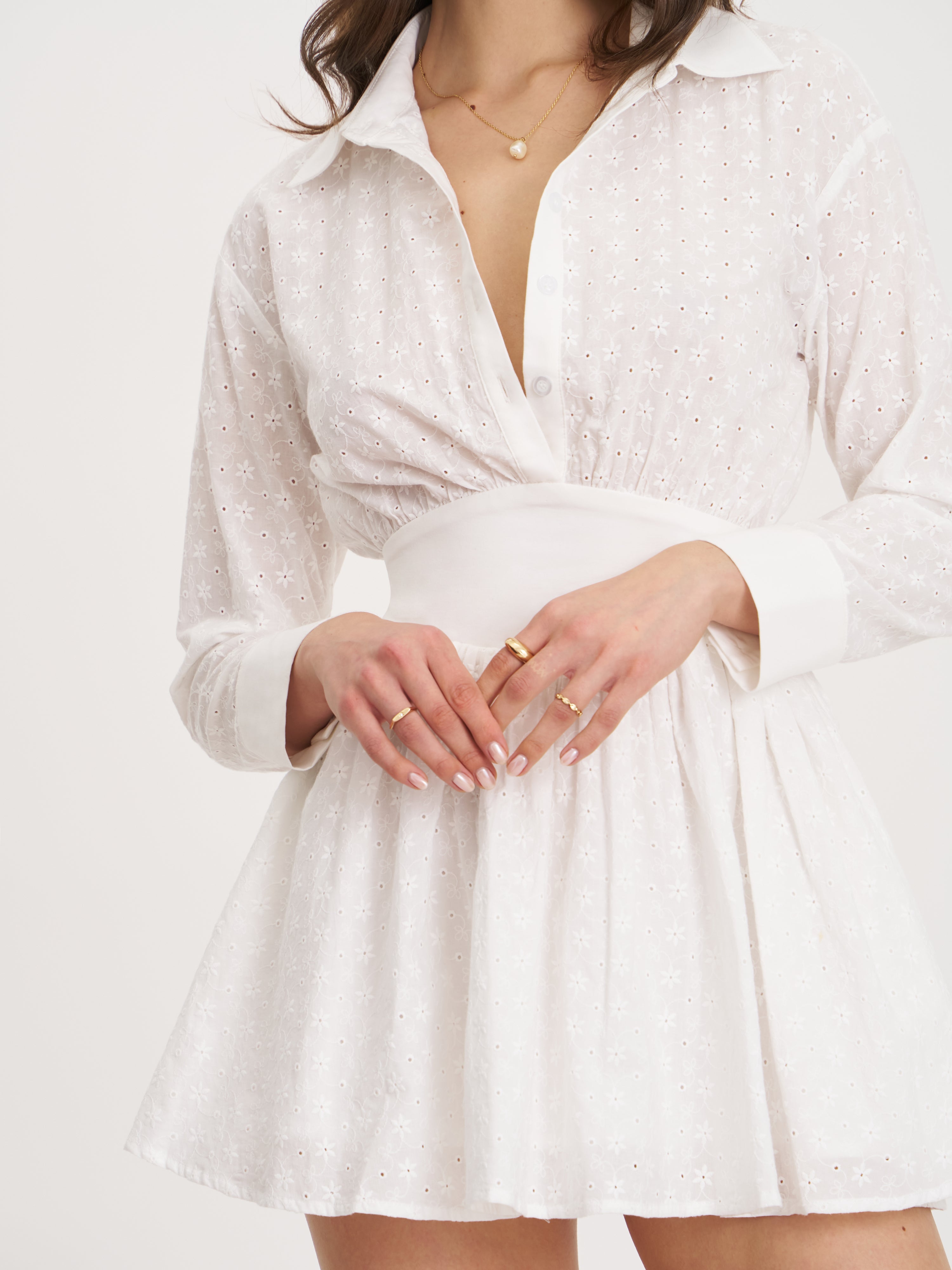 Gabriella White Cotton Eyelet Button Up Long Sleeve Shirt Dress