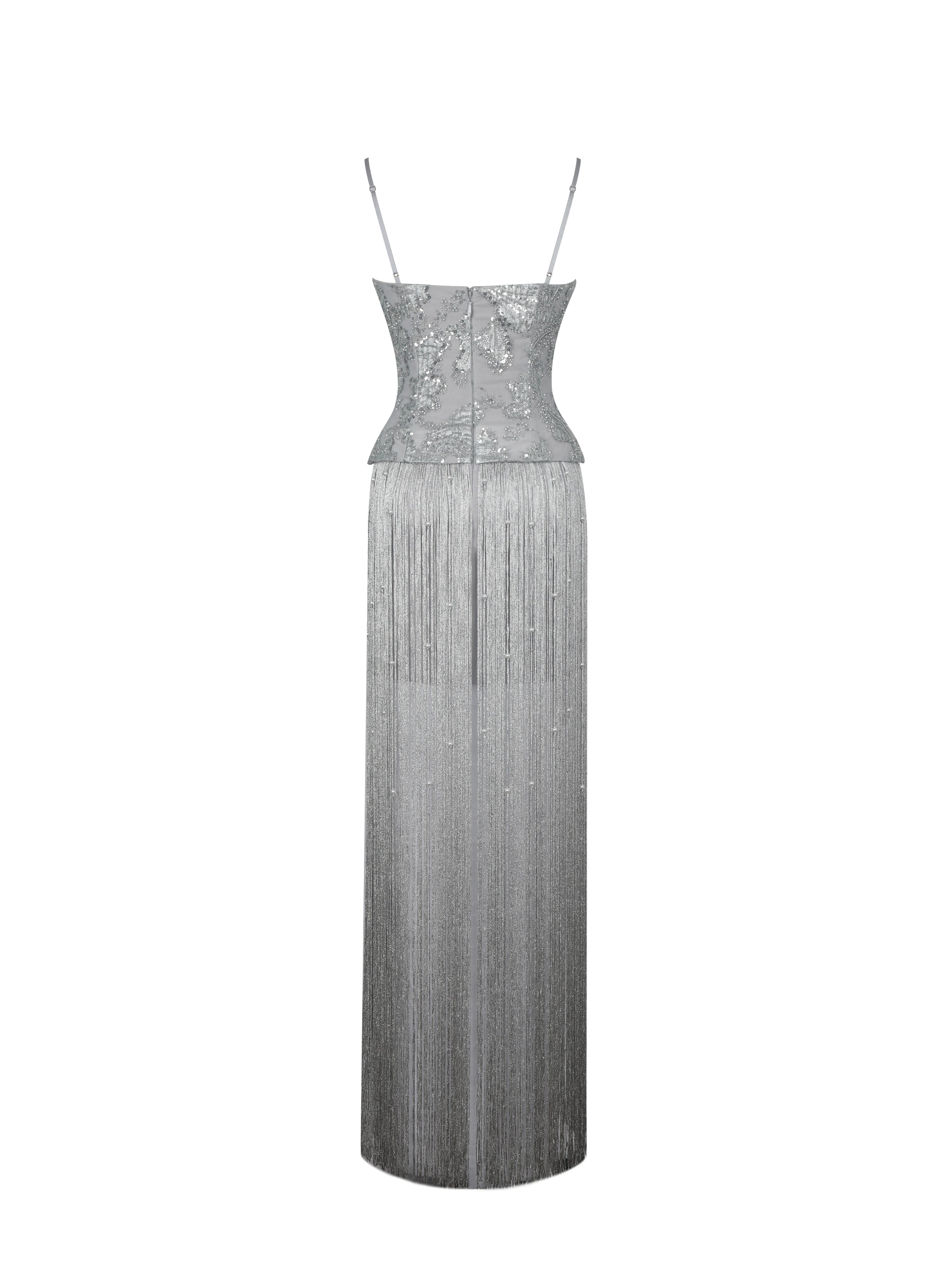 Olisa Silver Beaded Peplum Tassel Maxi Dress