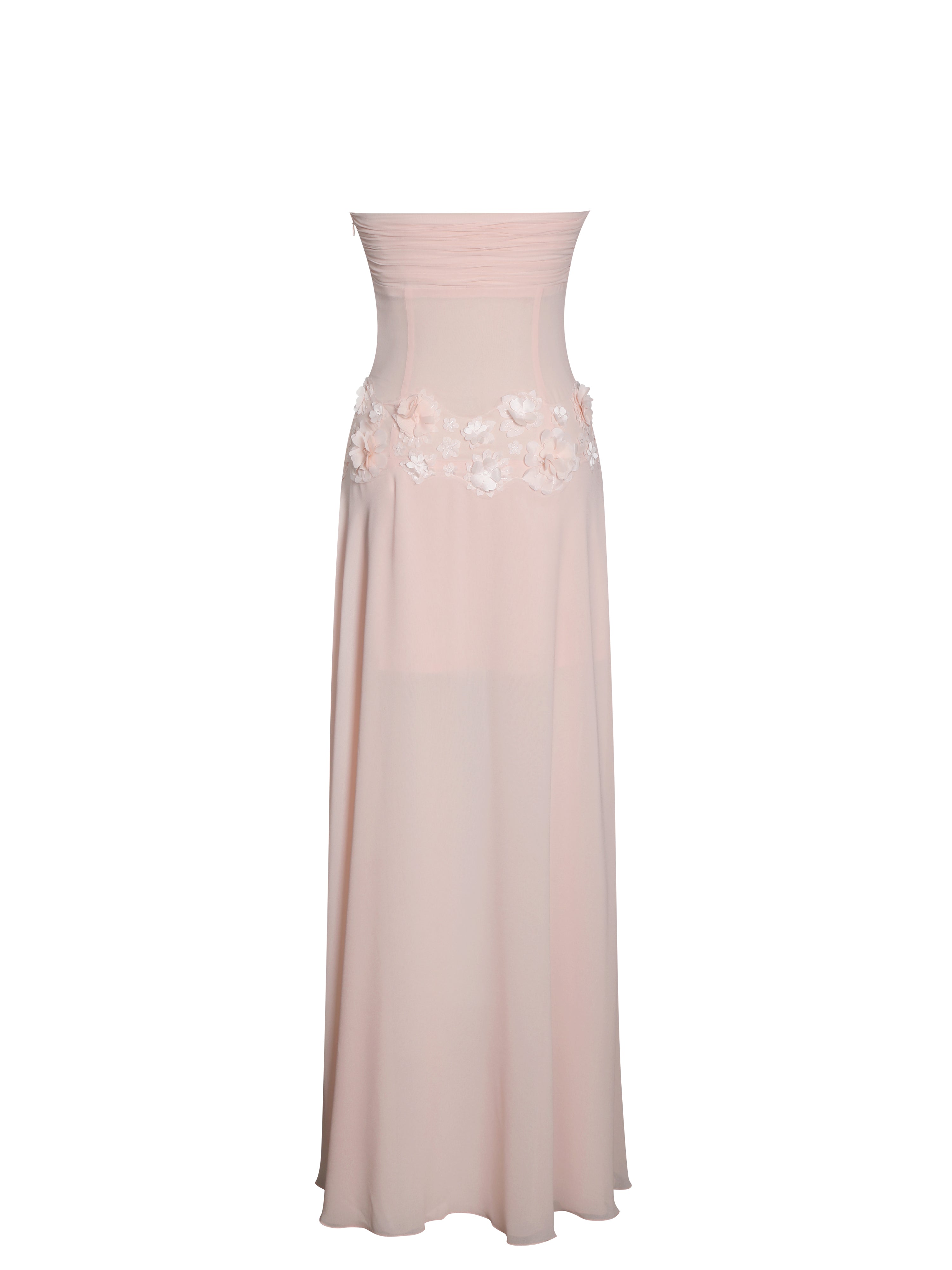 Mae Pink Ruched Breast Appliqué Trim Trailing Dress