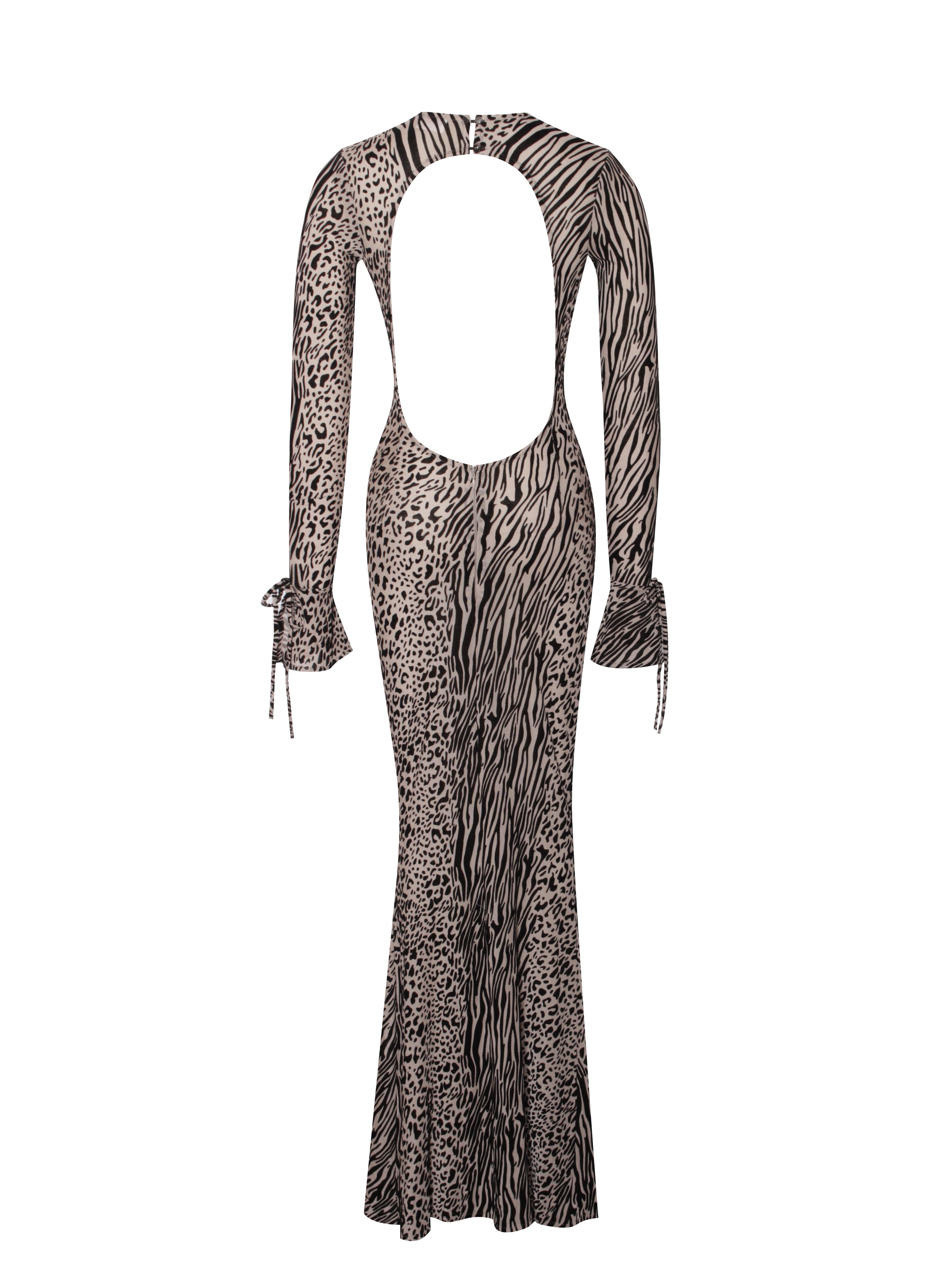 Waylynn Nude Black Animal Print Burnout Velvet Detail Mesh Backless Maxi Dress