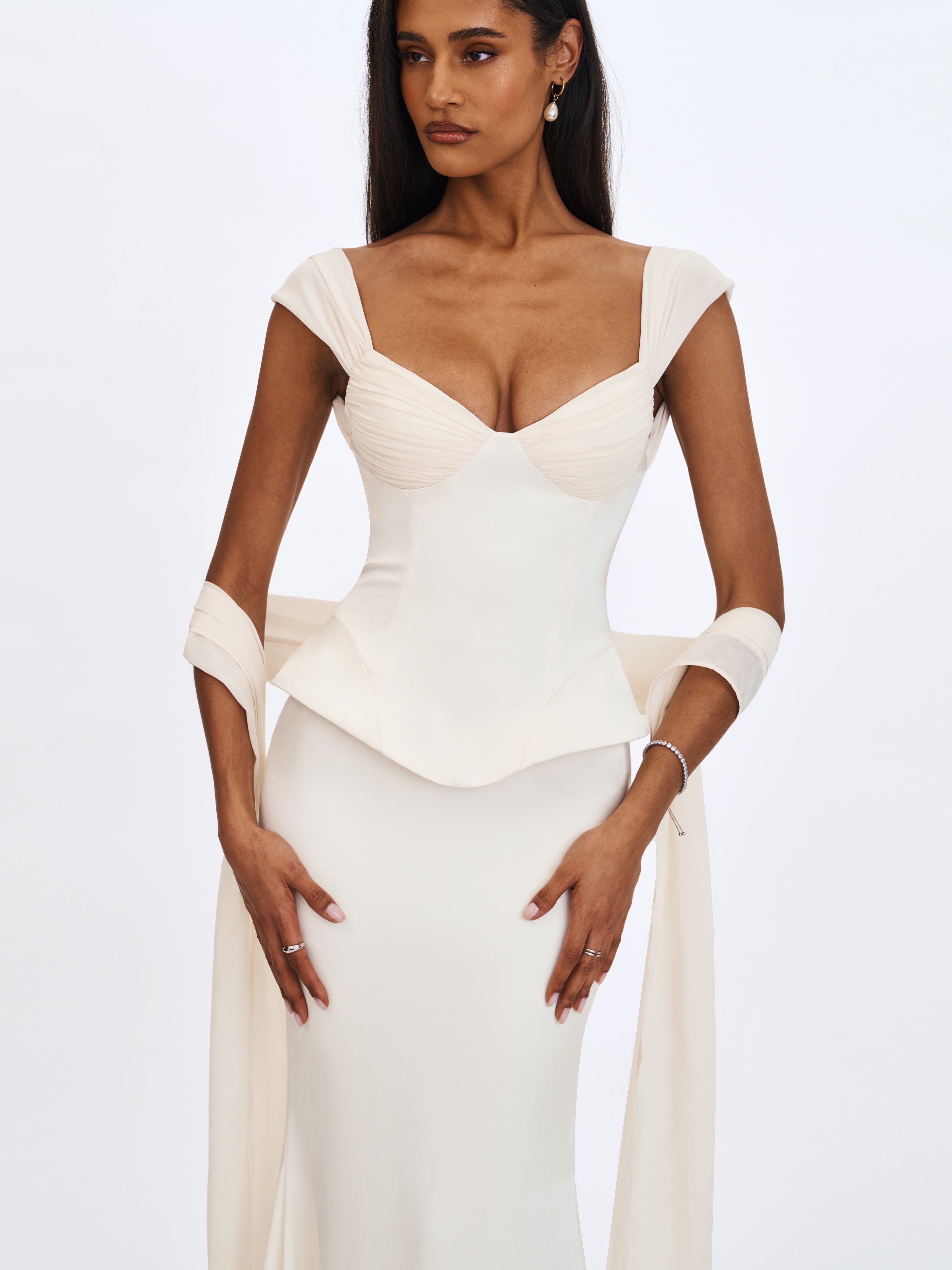 Jessalyn Ivory Sweetheart Peplum Mermaid Wedding Dress with Chiffon Scarf (PREORDER)