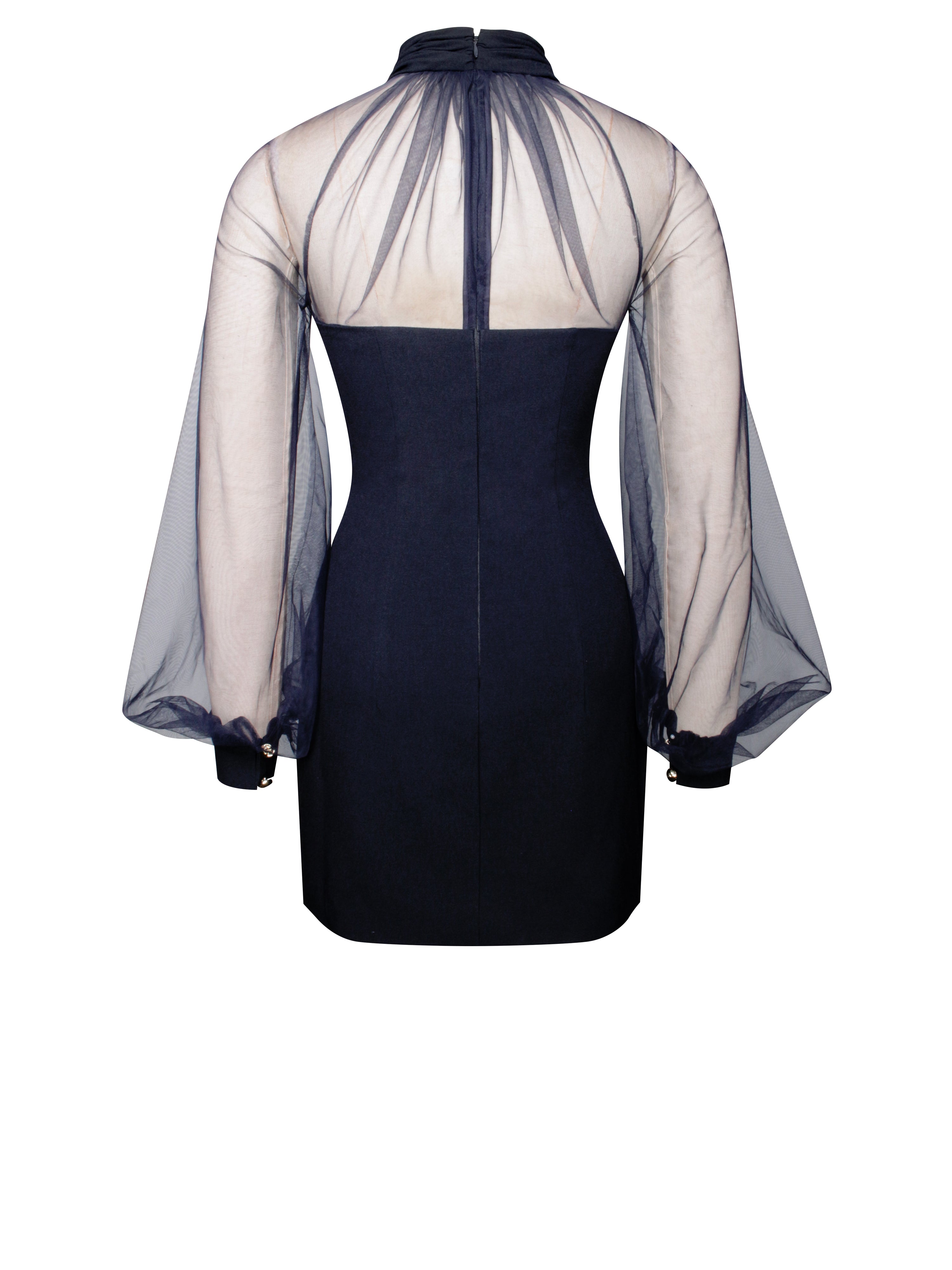 Tabitha Navy Blue Mesh Lantern Sleeve Mini Dress (Archive Sale)