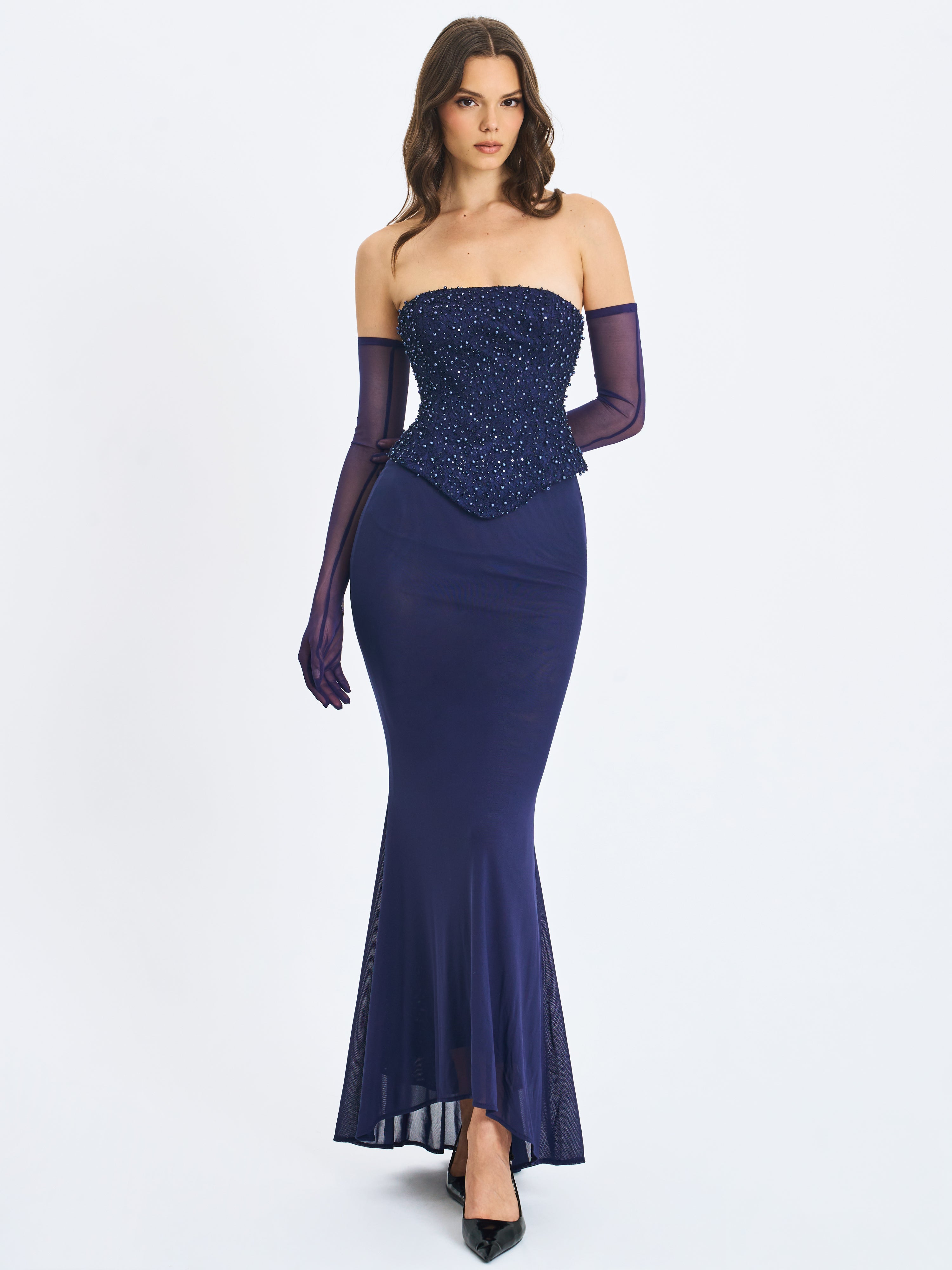 Orabelle Navy Beaded Peplum Mermaid Gown with Lace-up Back