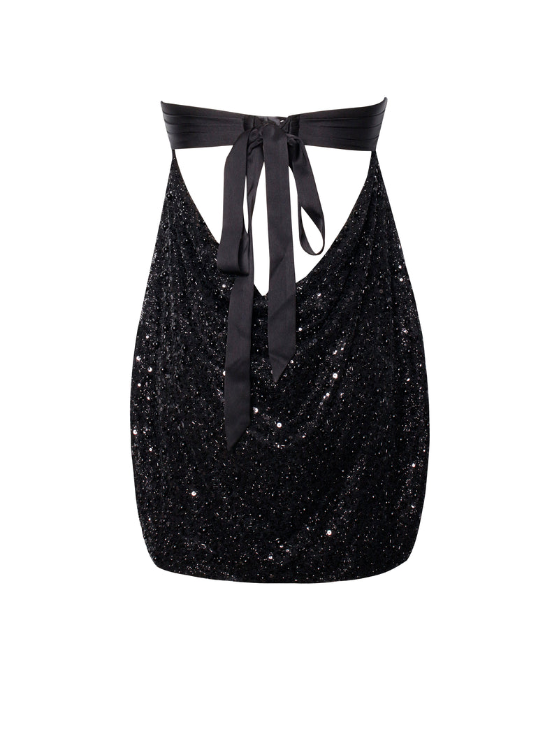 Felina Black Satin Sequin Pearls Beaded Mini Dress