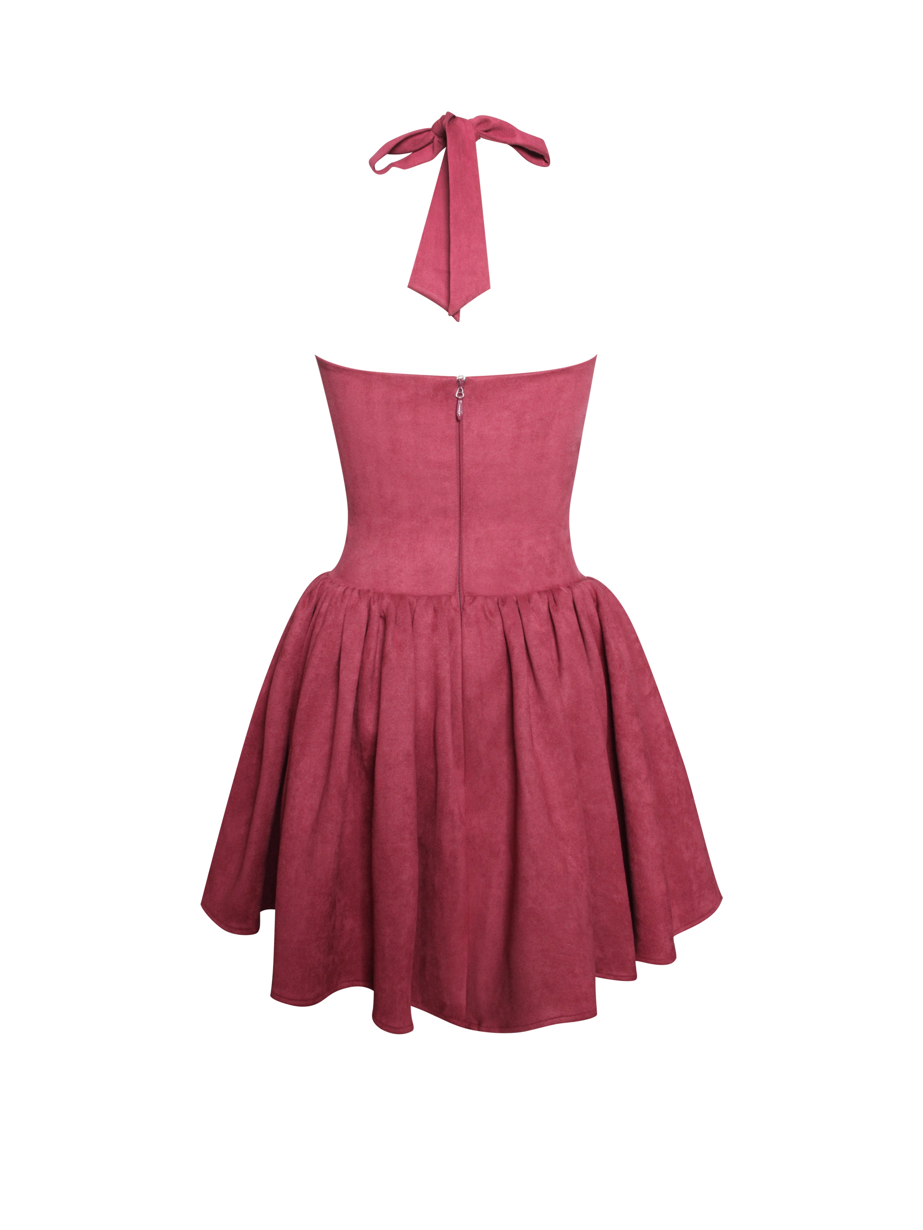 Hadara Burgundy Suede Halter Mini Full Dress