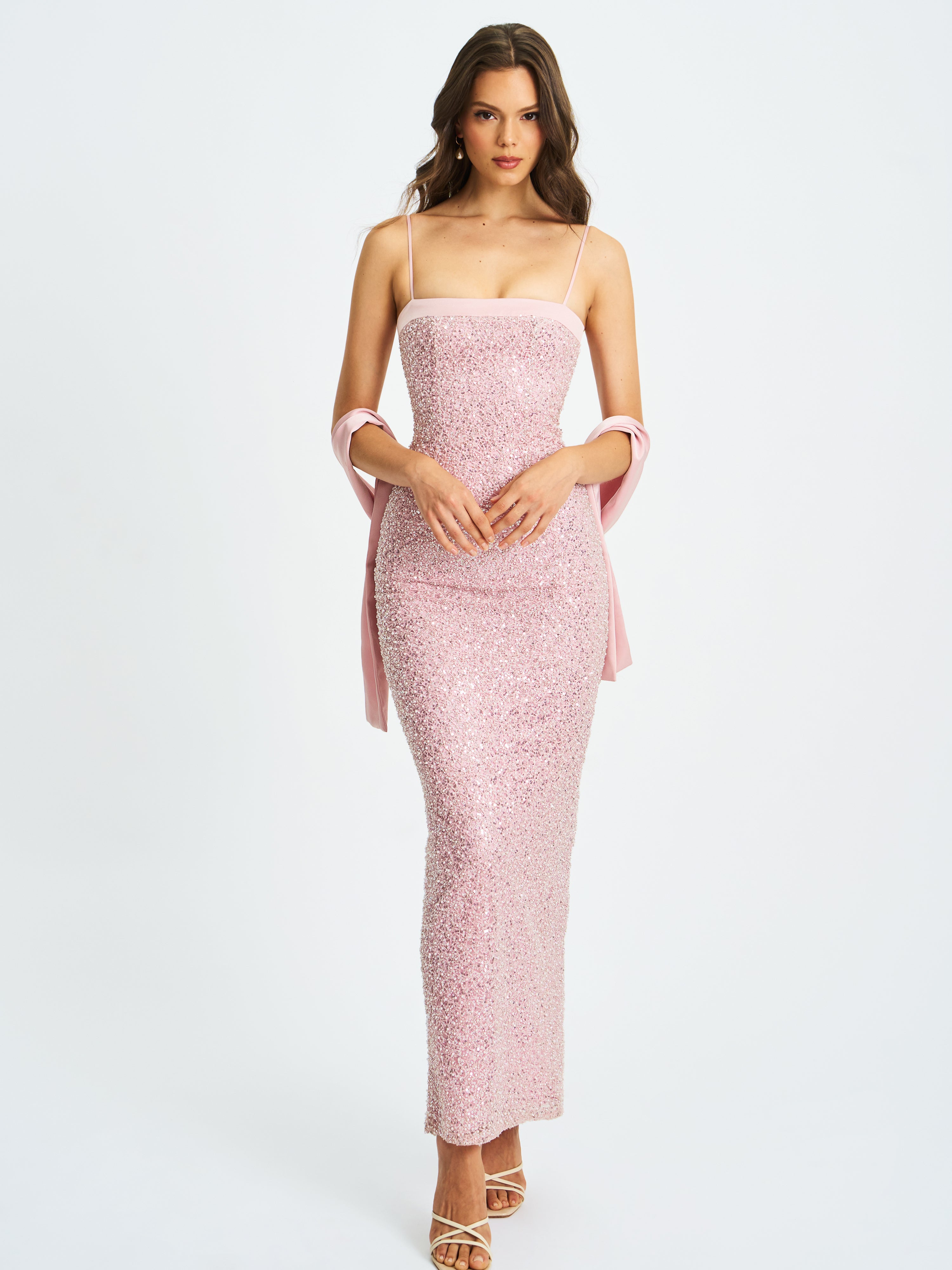 Raizel Pink Beaded Sequin Bodycon Gown with Scarf