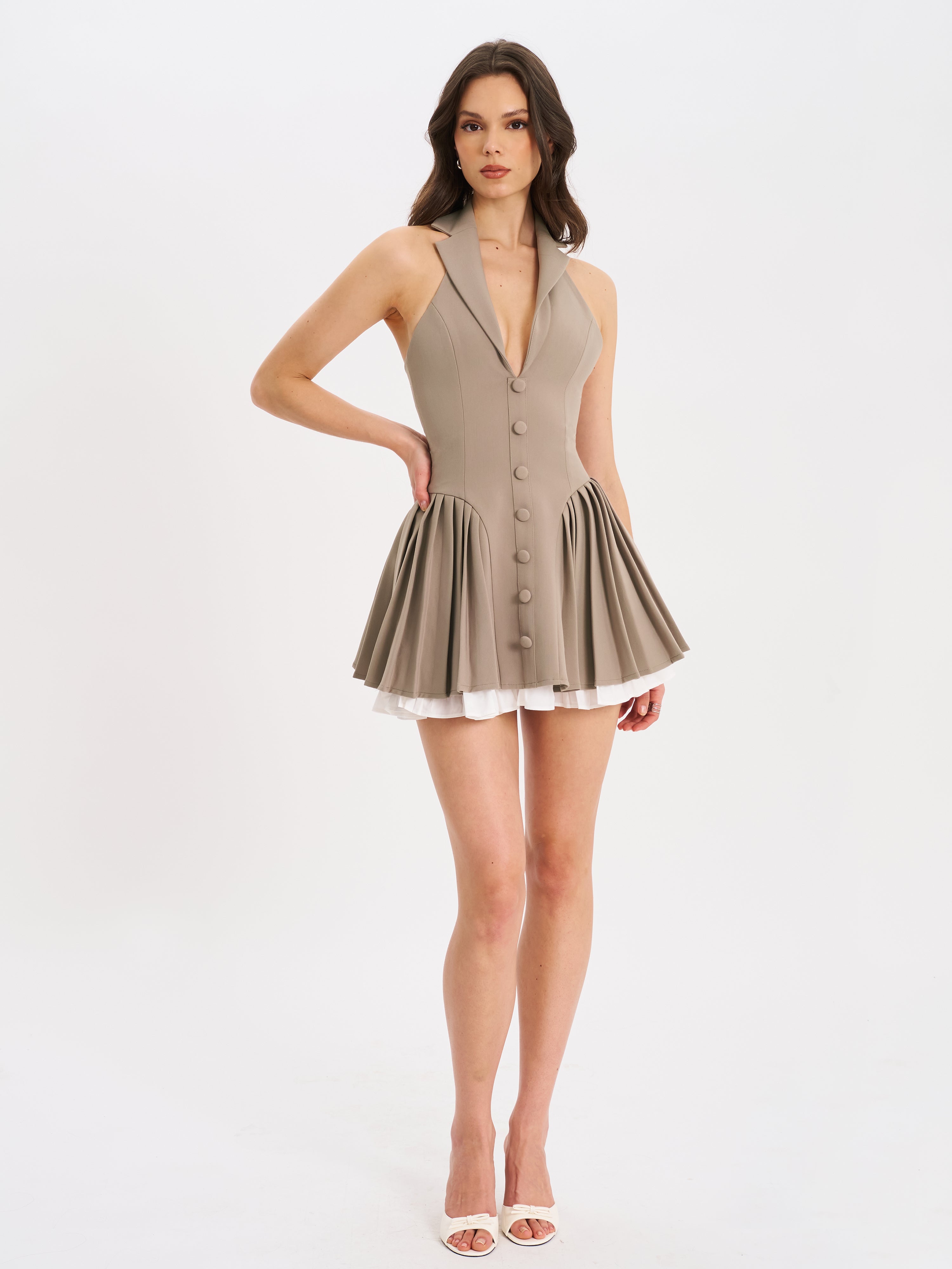 Hazel Brown Preppy Halter Neck Pleated Mini Dress