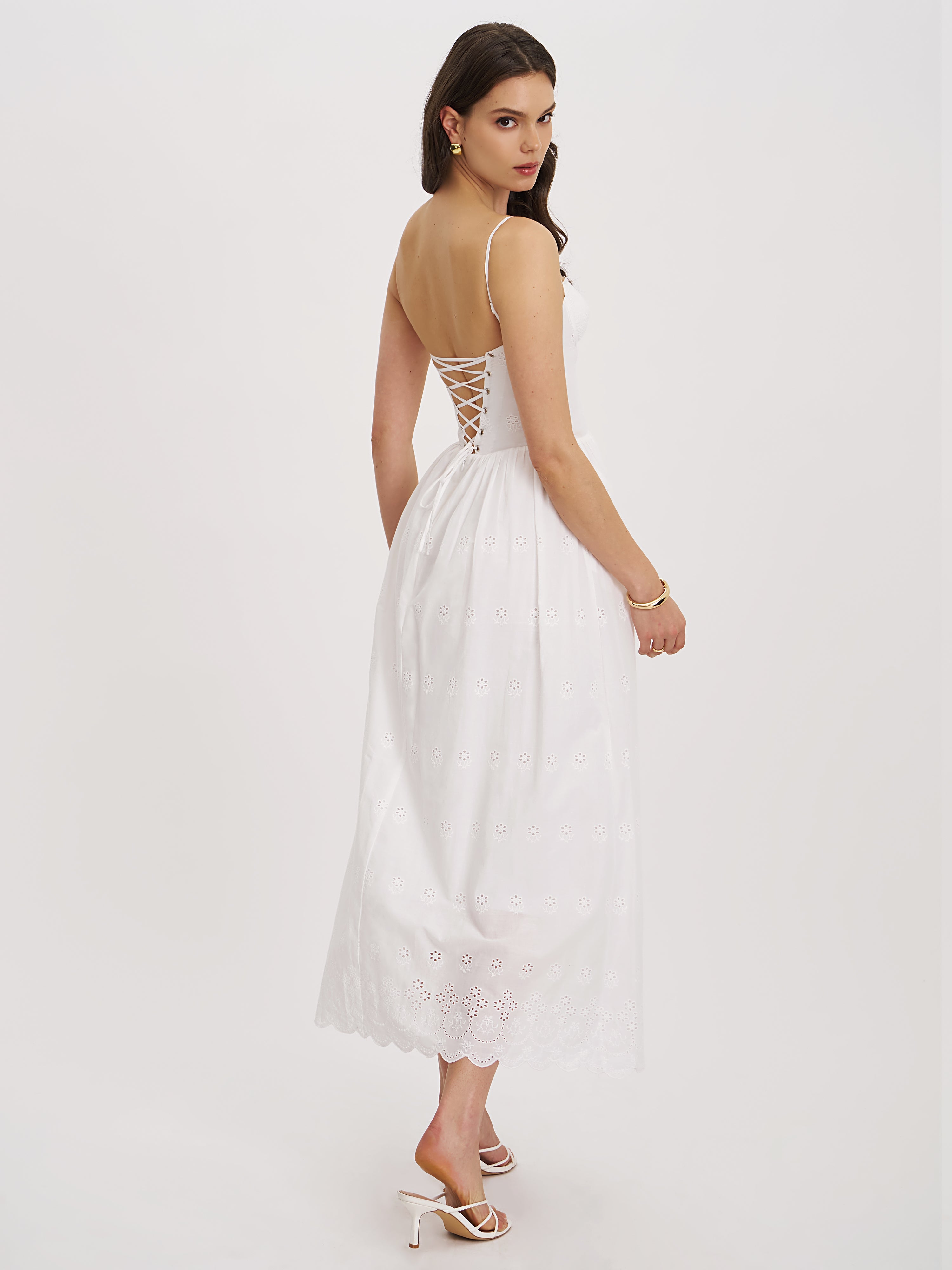 Oberon White Cotton Eyelet Lace-Up Back Maxi Dress