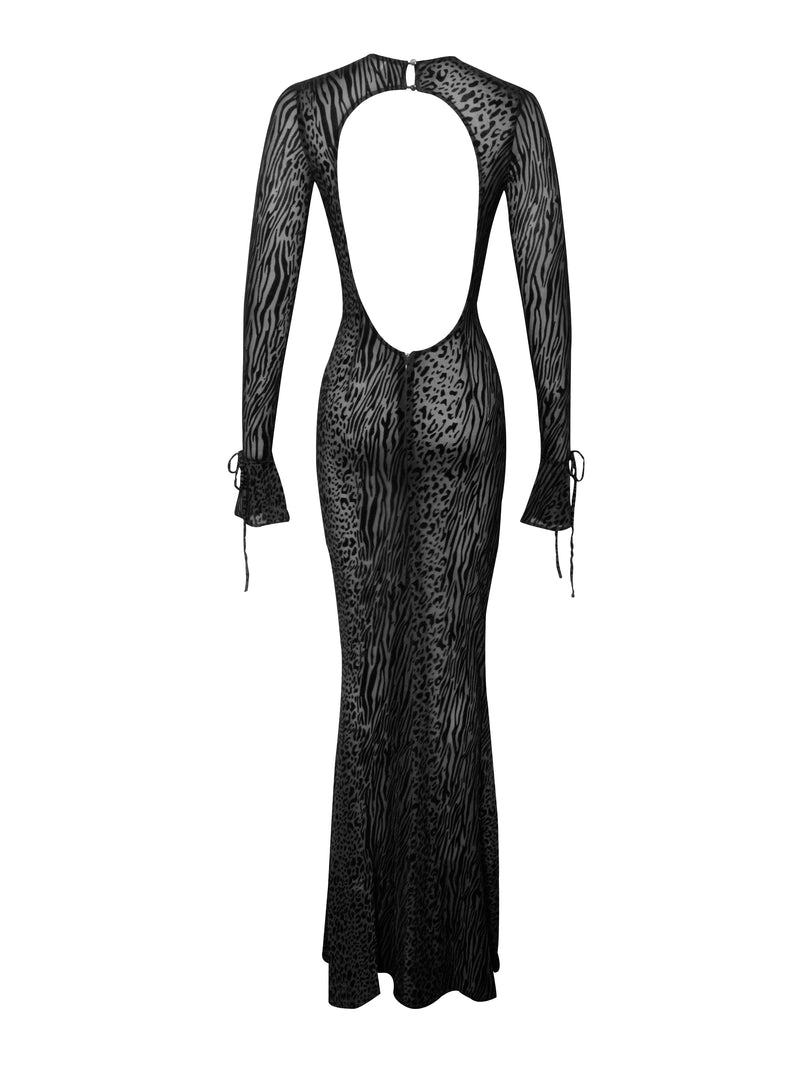 Waylynn Black Animal Print Burnout Velvet Detail Mesh Backless Maxi Dress