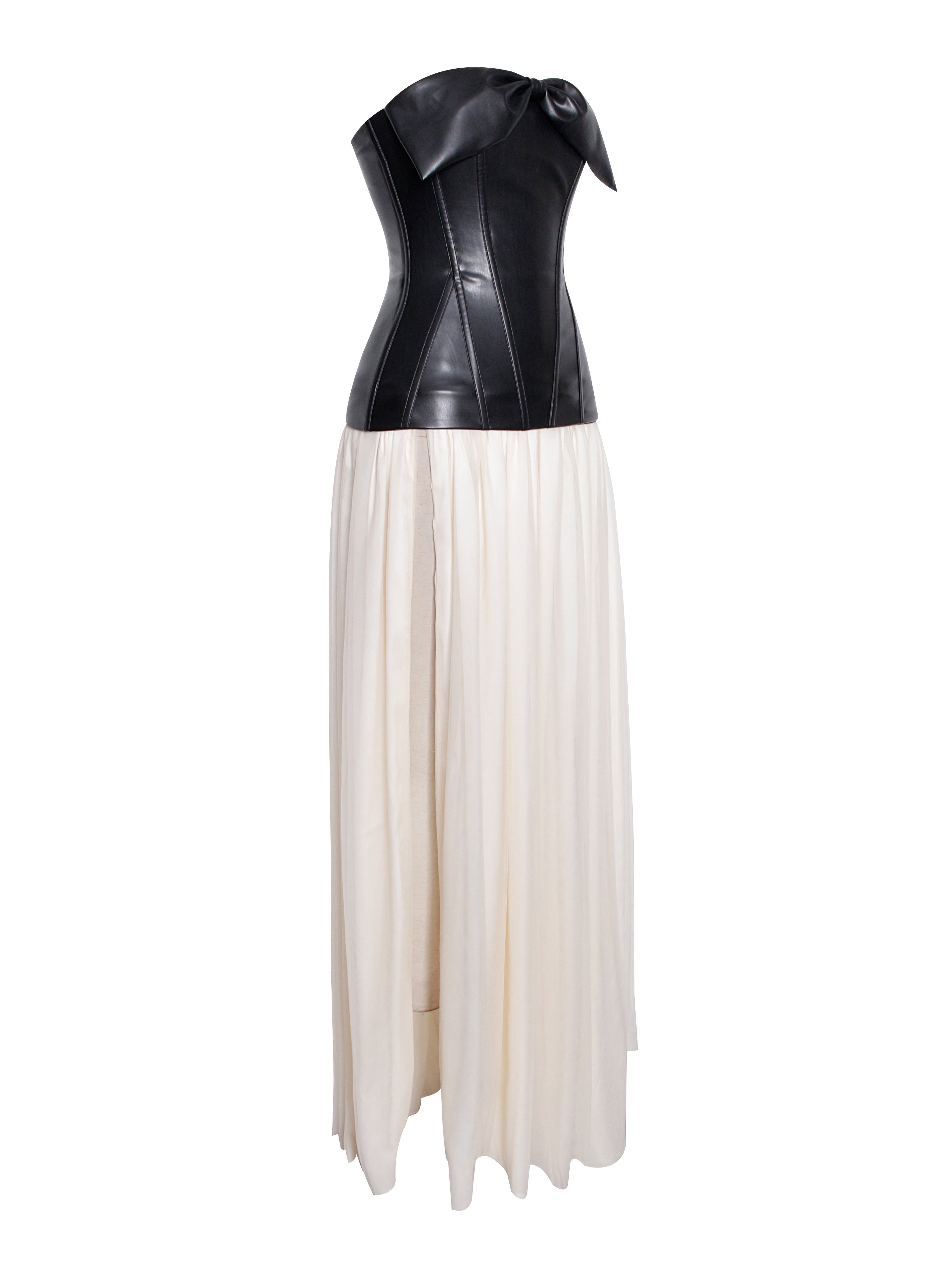 Maayan Black Vegan Leather Corset High Slit Drop Waist Maxi Dress (Archive Sale)