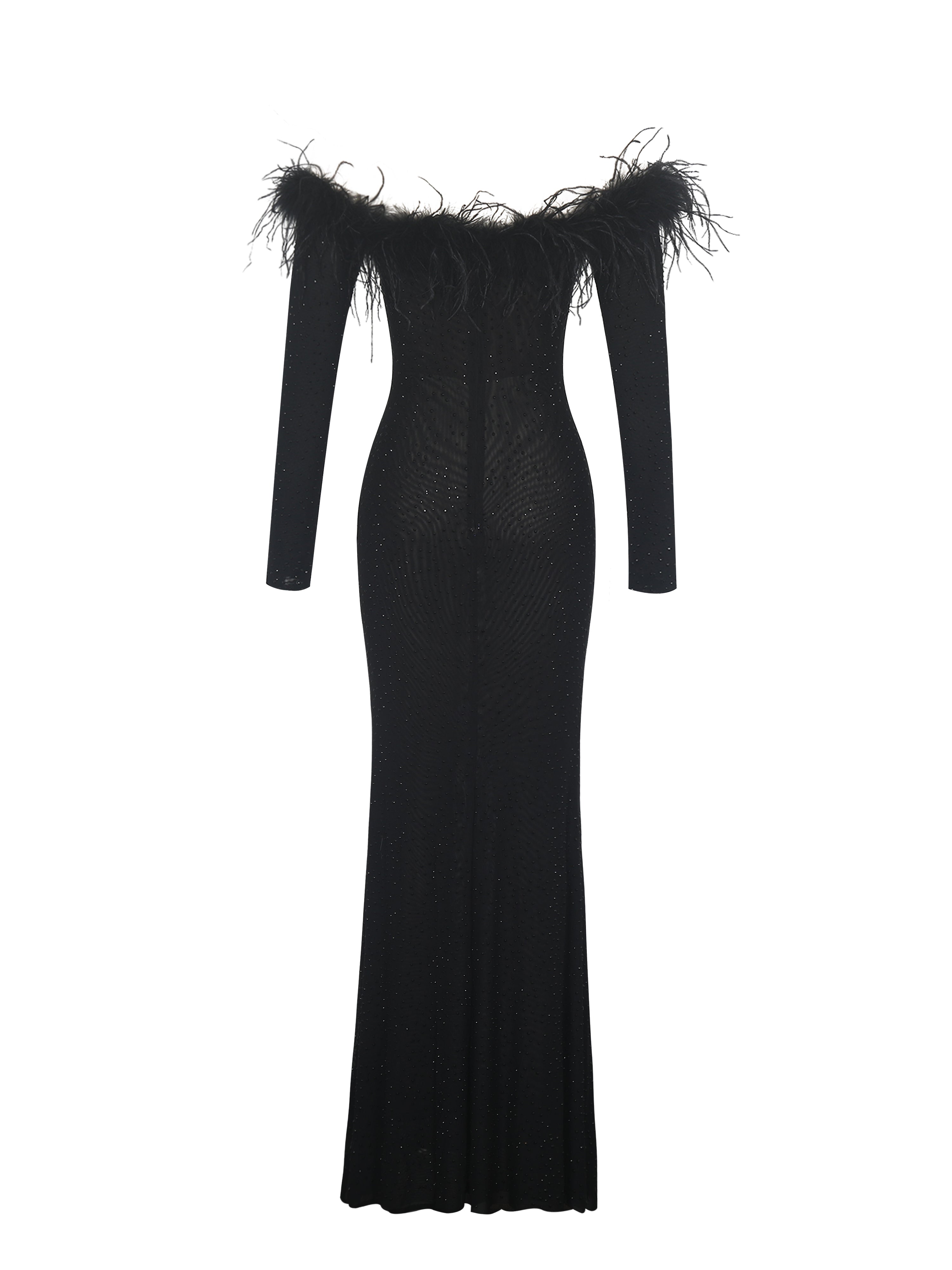 Emberly Black Fur Trimmed Off-Shoulder Rhinestone Mesh Mermaid Dress