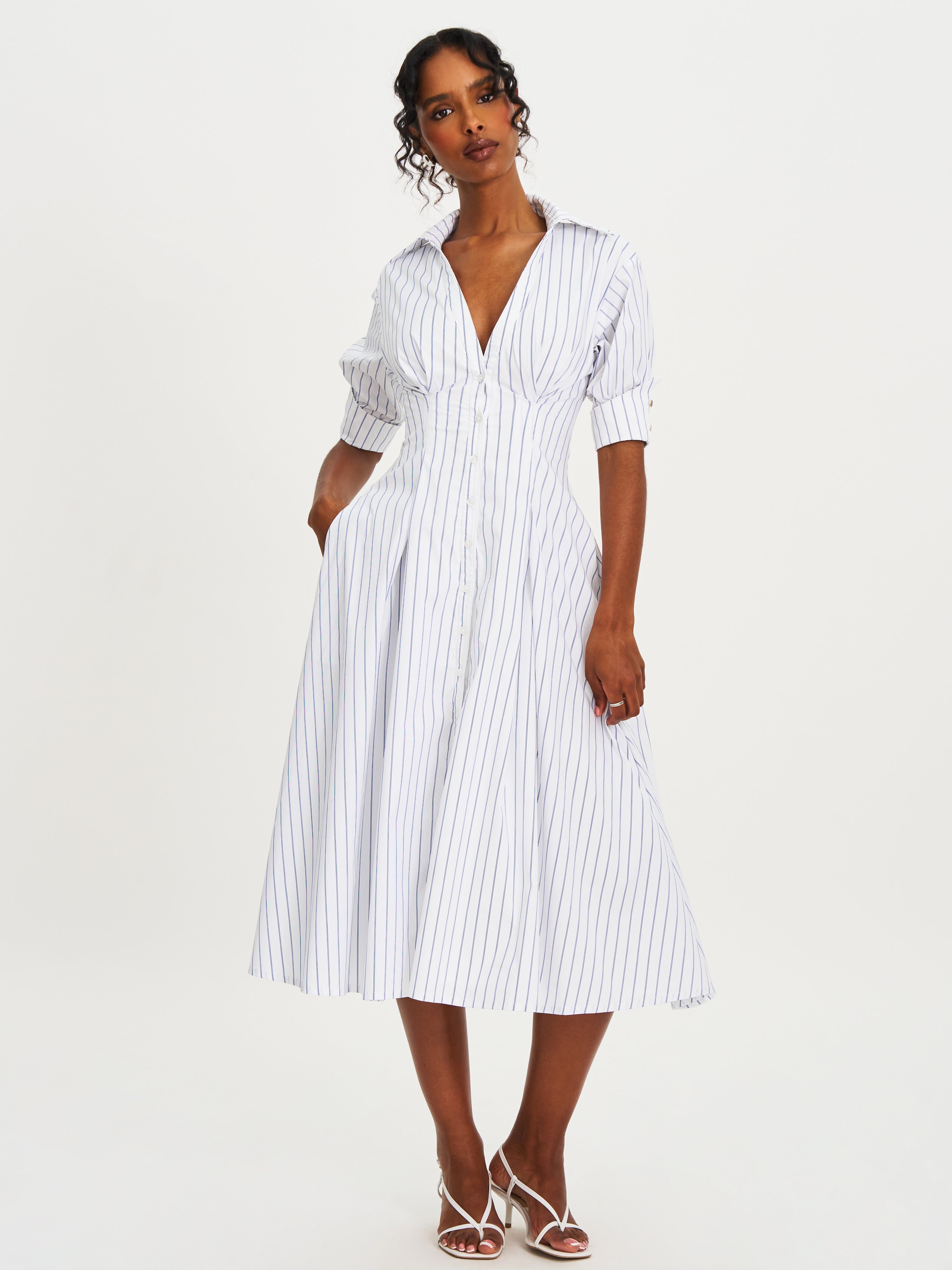 Palina Pinstripes Cotton Poplin Pleated Midi Preppy Shirt Dress