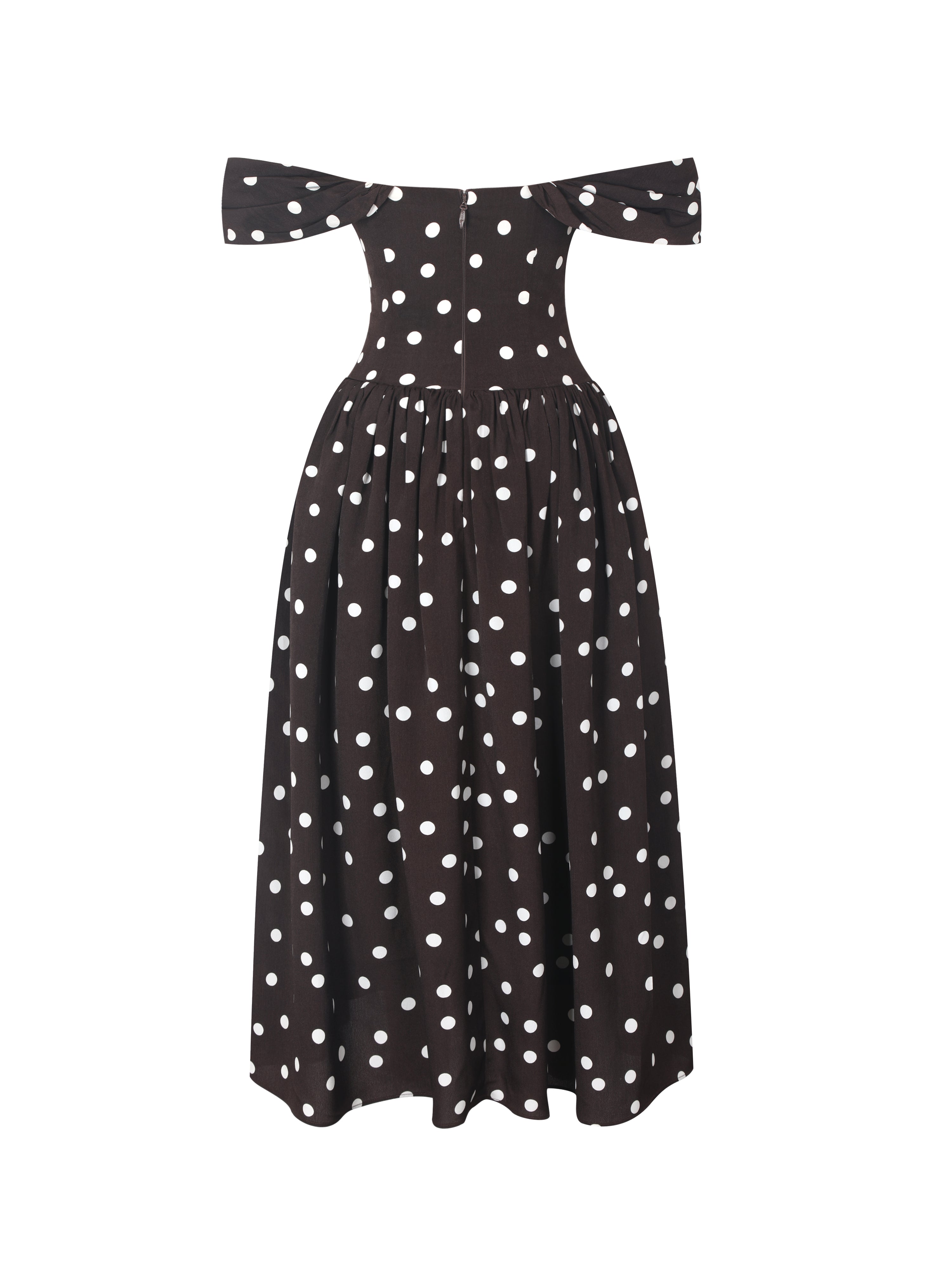 Xandie Mocha Polka Dot Off-Shoulder Midi Dress