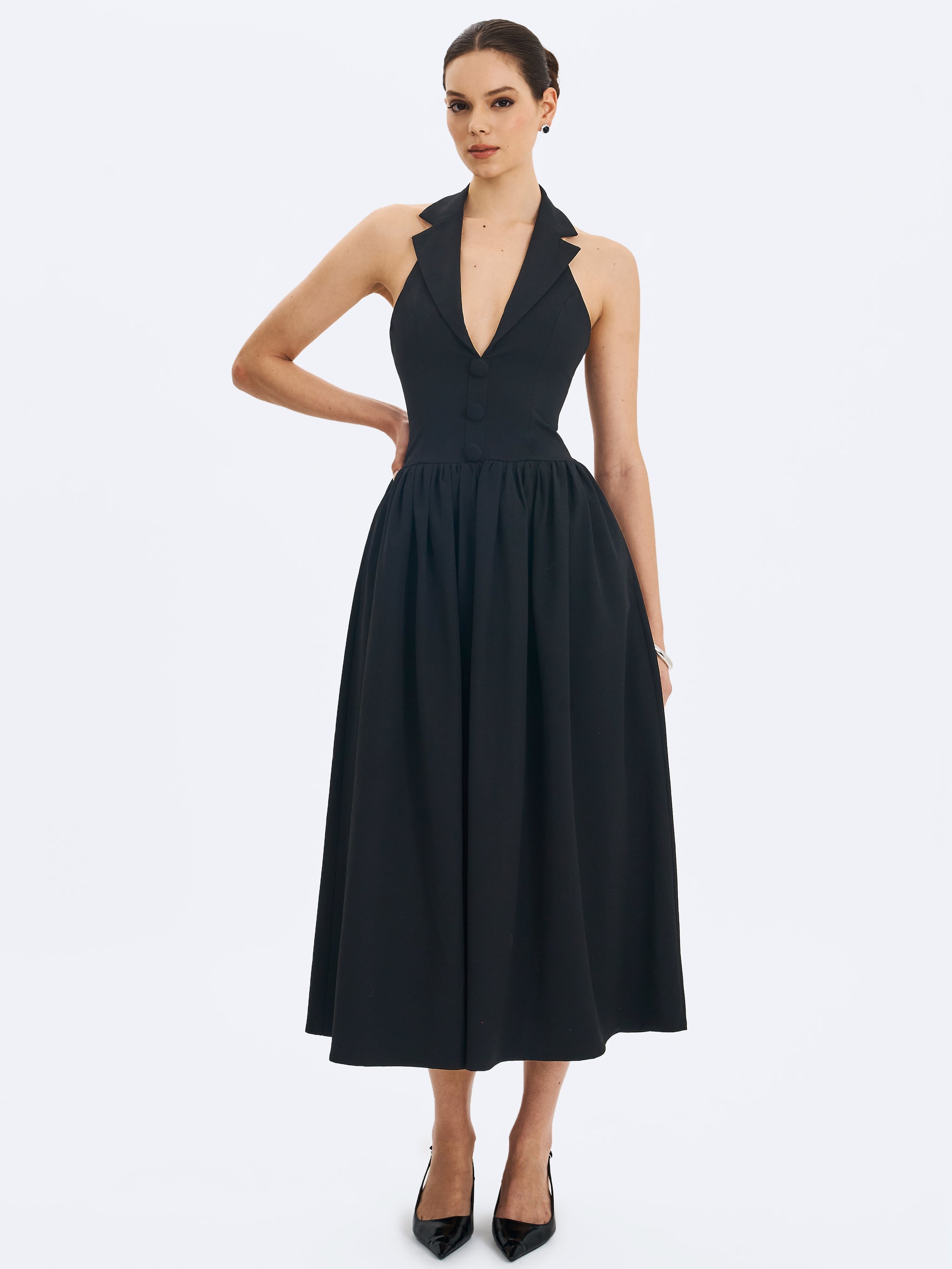 Miss Circle Delaney Black Lapel Halter Midi A-Line Dress XXS