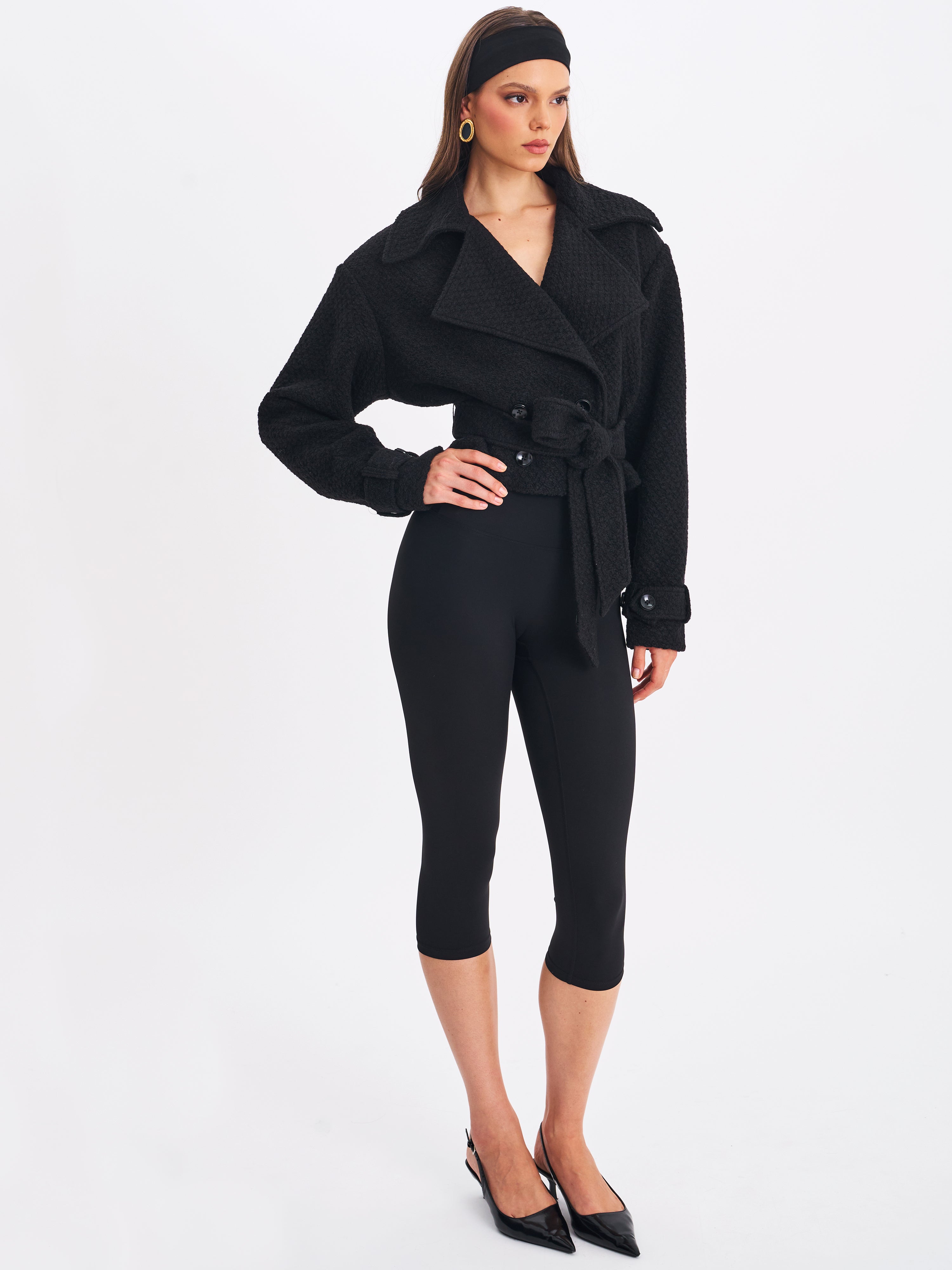 Dara Black Wool Blend Cropped Double-Breasted Belted Coat