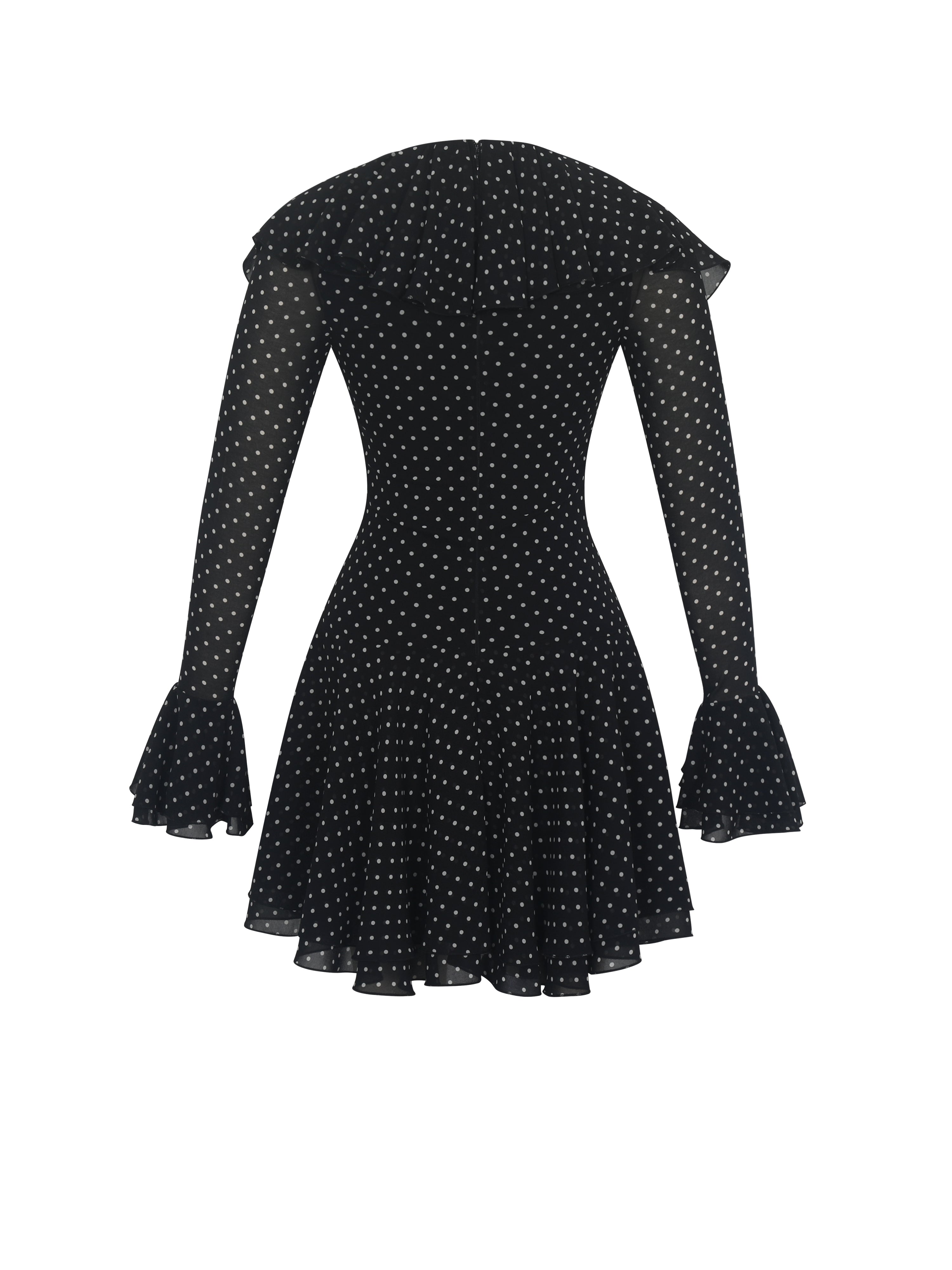 Omari Black Chiffon Polka Dot Ruffled Neckline Mini Dress