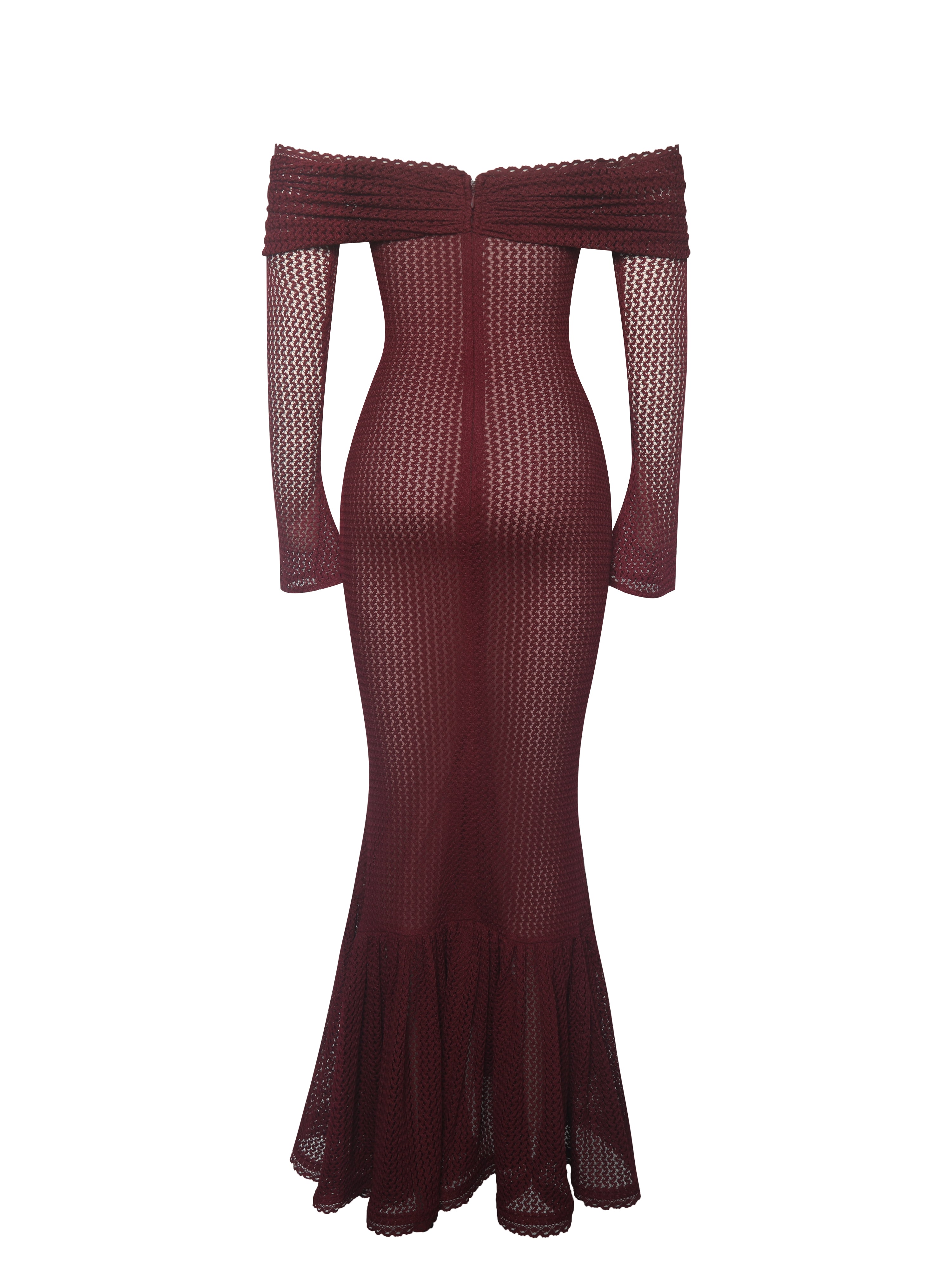 Kaedyn Burgundy Off Shoulder Long Sleeve Crochet Mermaid Maxi Dress