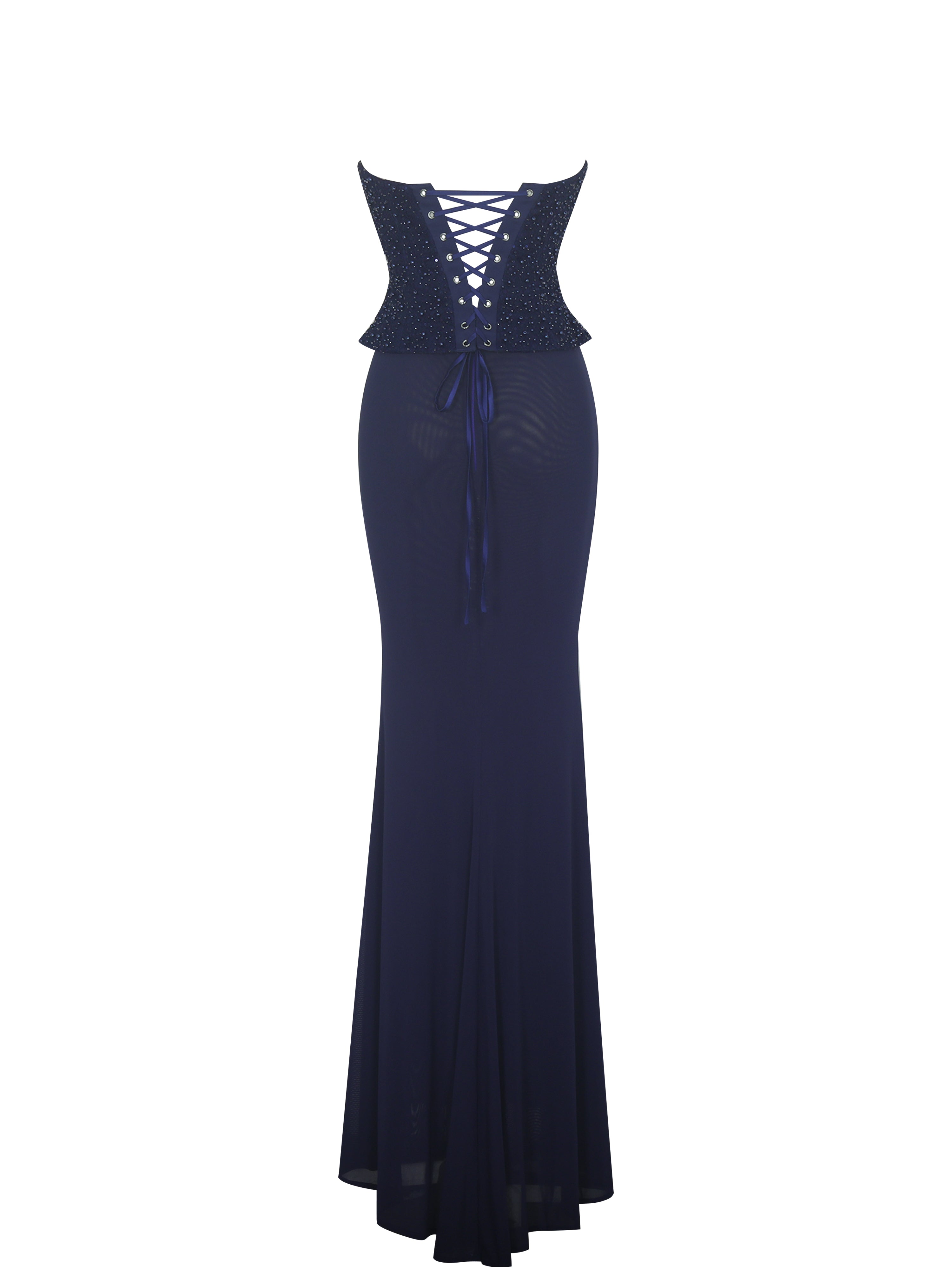 Orabelle Navy Beaded Peplum Mermaid Gown with Lace-up Back