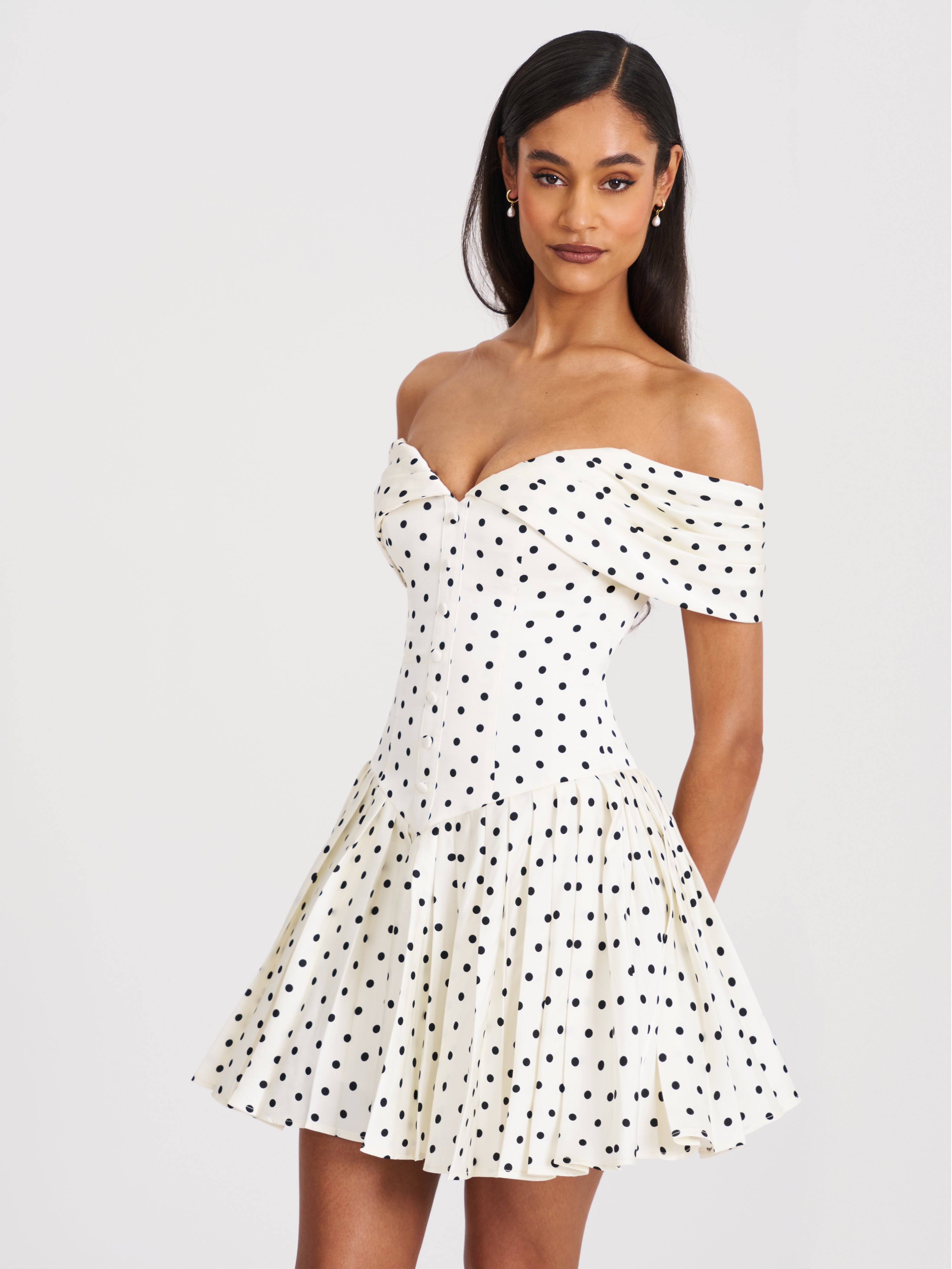 Edeline Polka Dot Off-shoulder Pleated Mini Dress