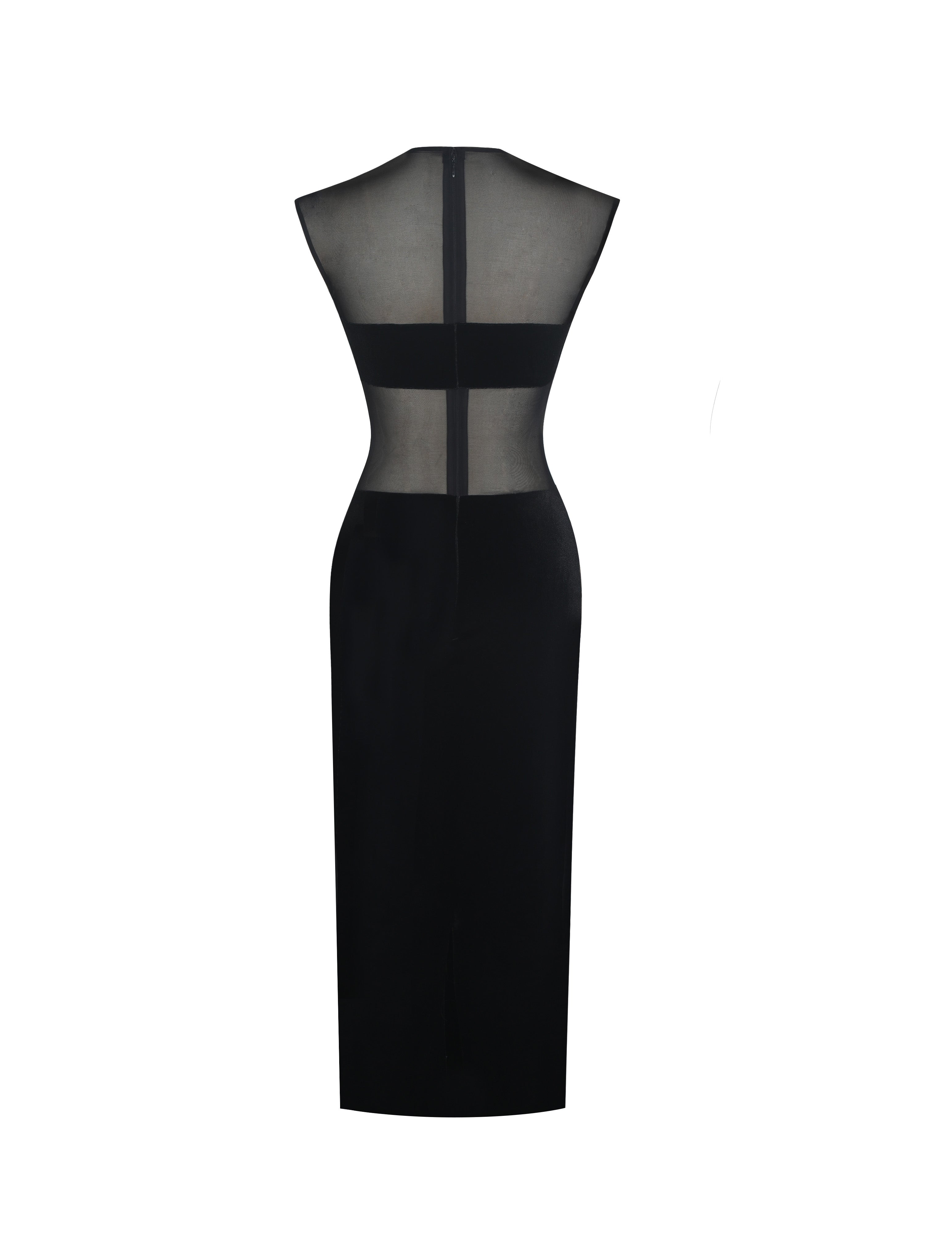 Quielle Black Mesh and Velvet Midi Bodycon Dress