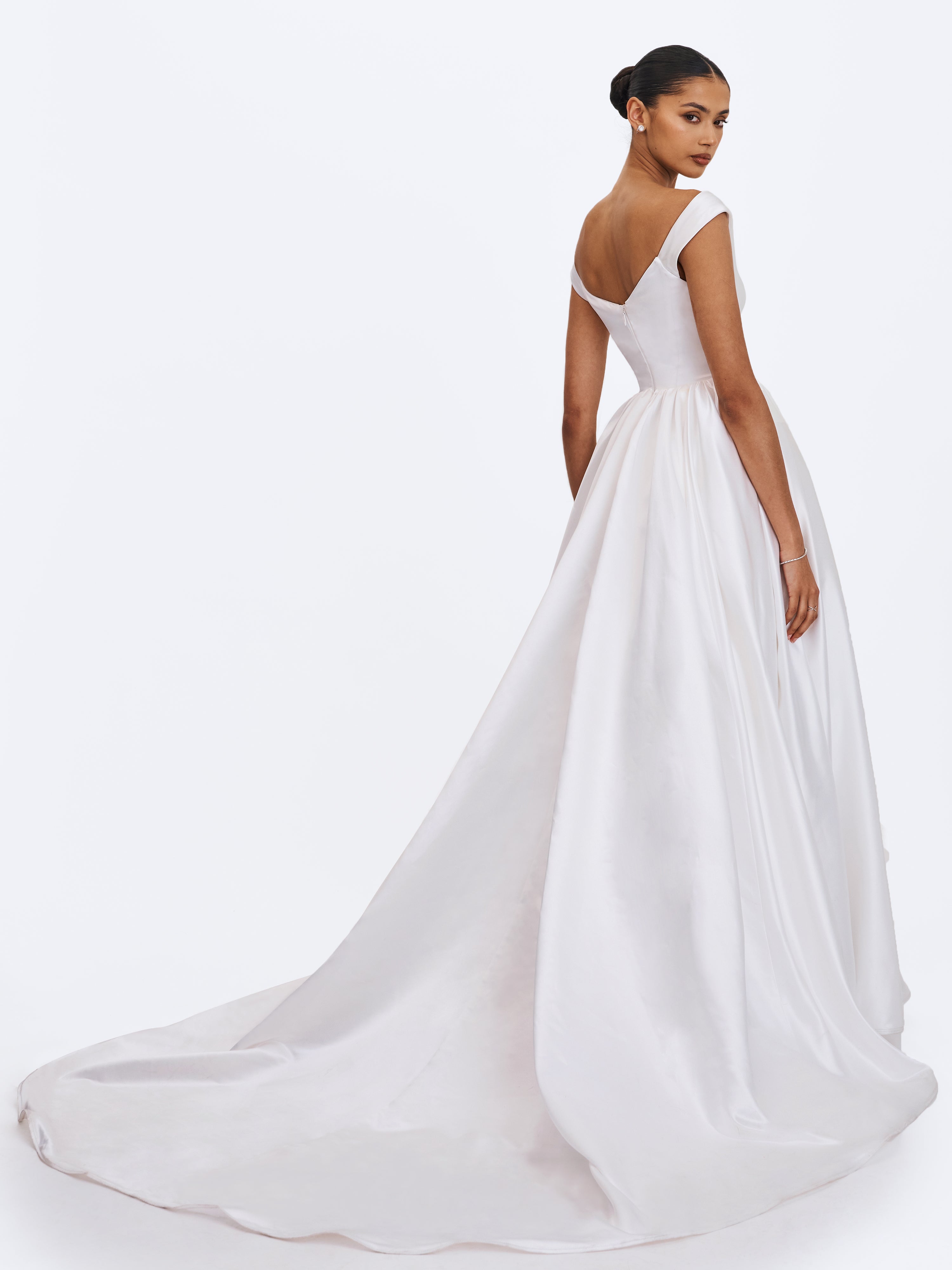 Unna White Satin Bardot Cowl Wedding Gown (PREORDER)