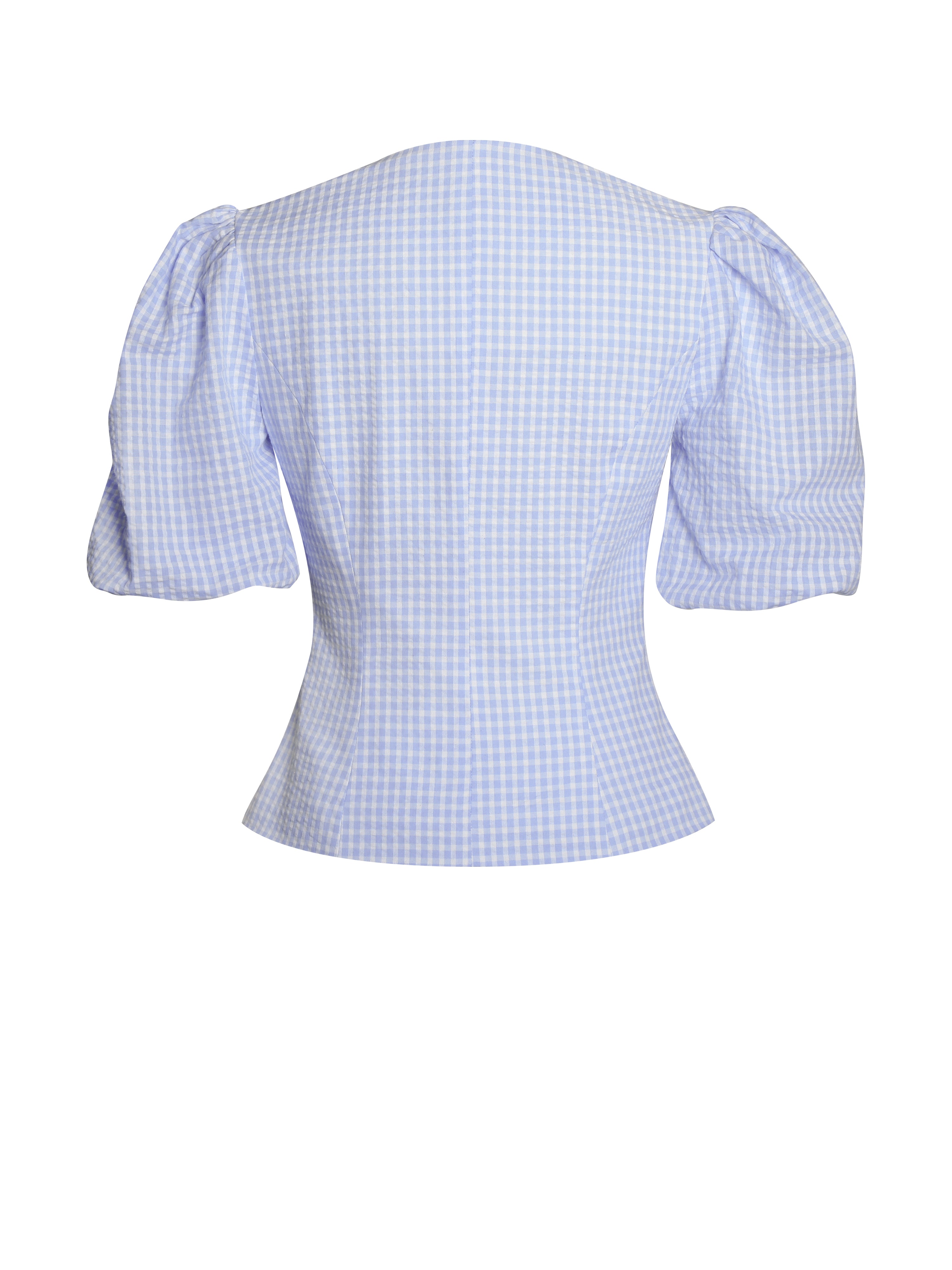 Qusayla Baby Blue Gingham Bubble Sleeve Bowtie Top