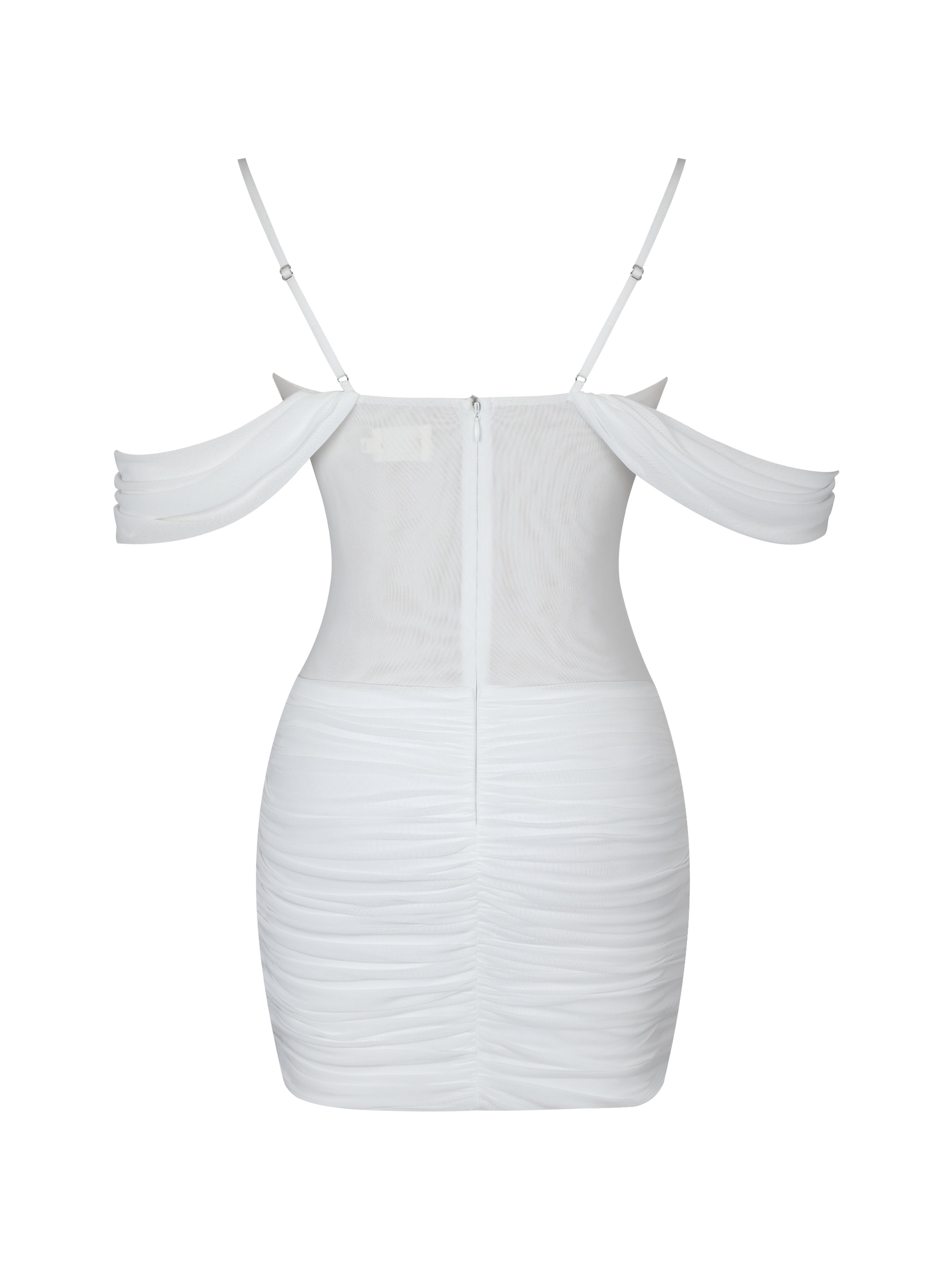 Umnia White Mesh Off-Shoulder Drape Mini Dress