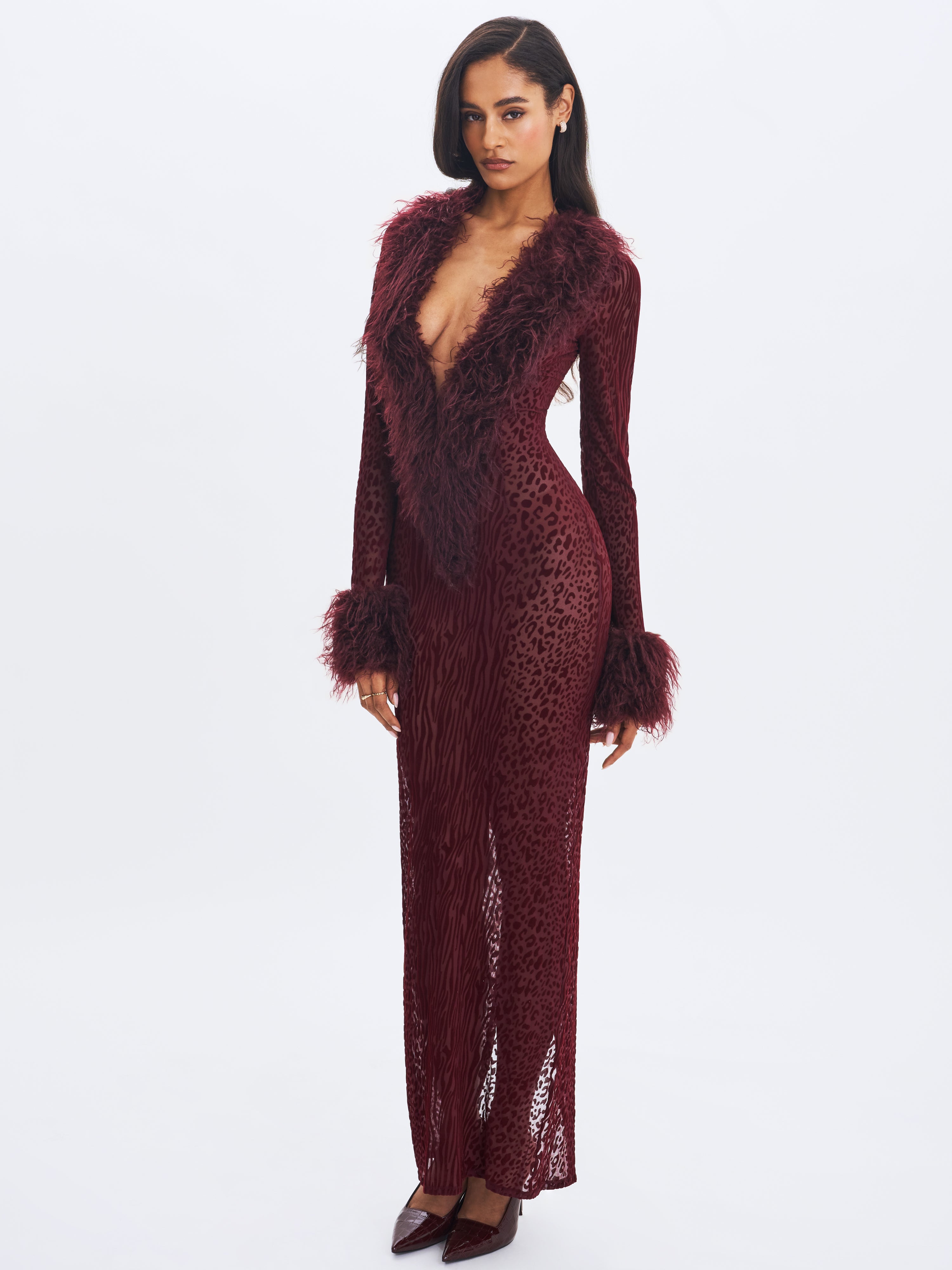 Luana Burgundy Plunging Fur Trimmed Crochet Maxi Dress