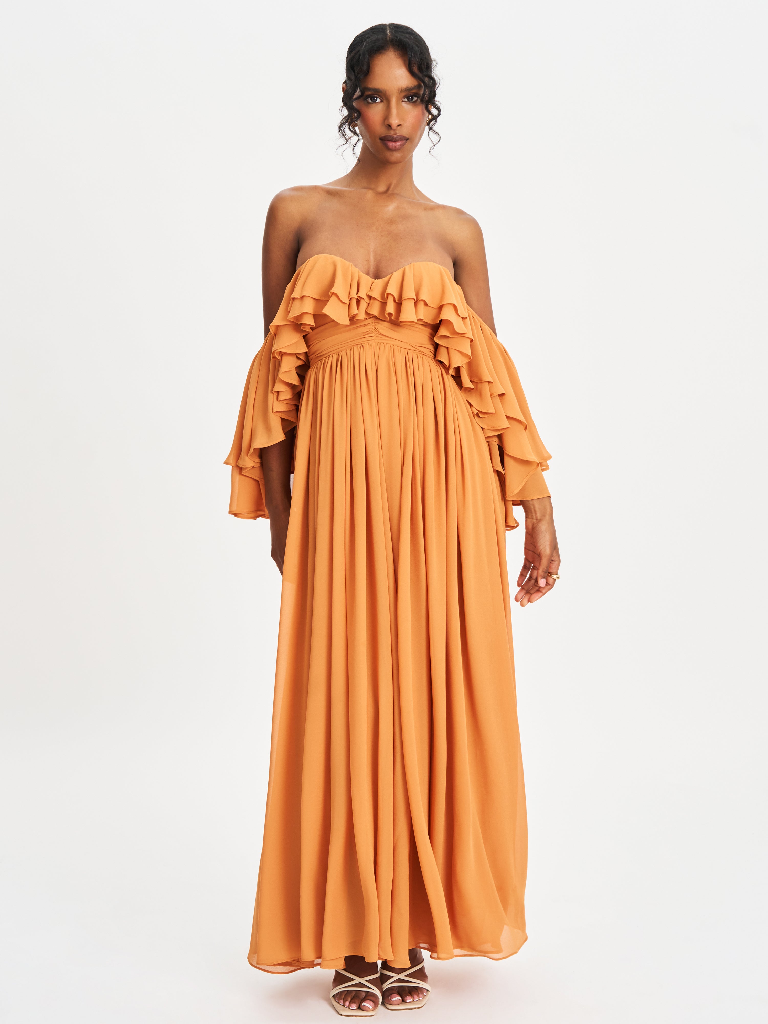 Kaela Brickwork Off Shoulder Chiffon Maxi Dress
