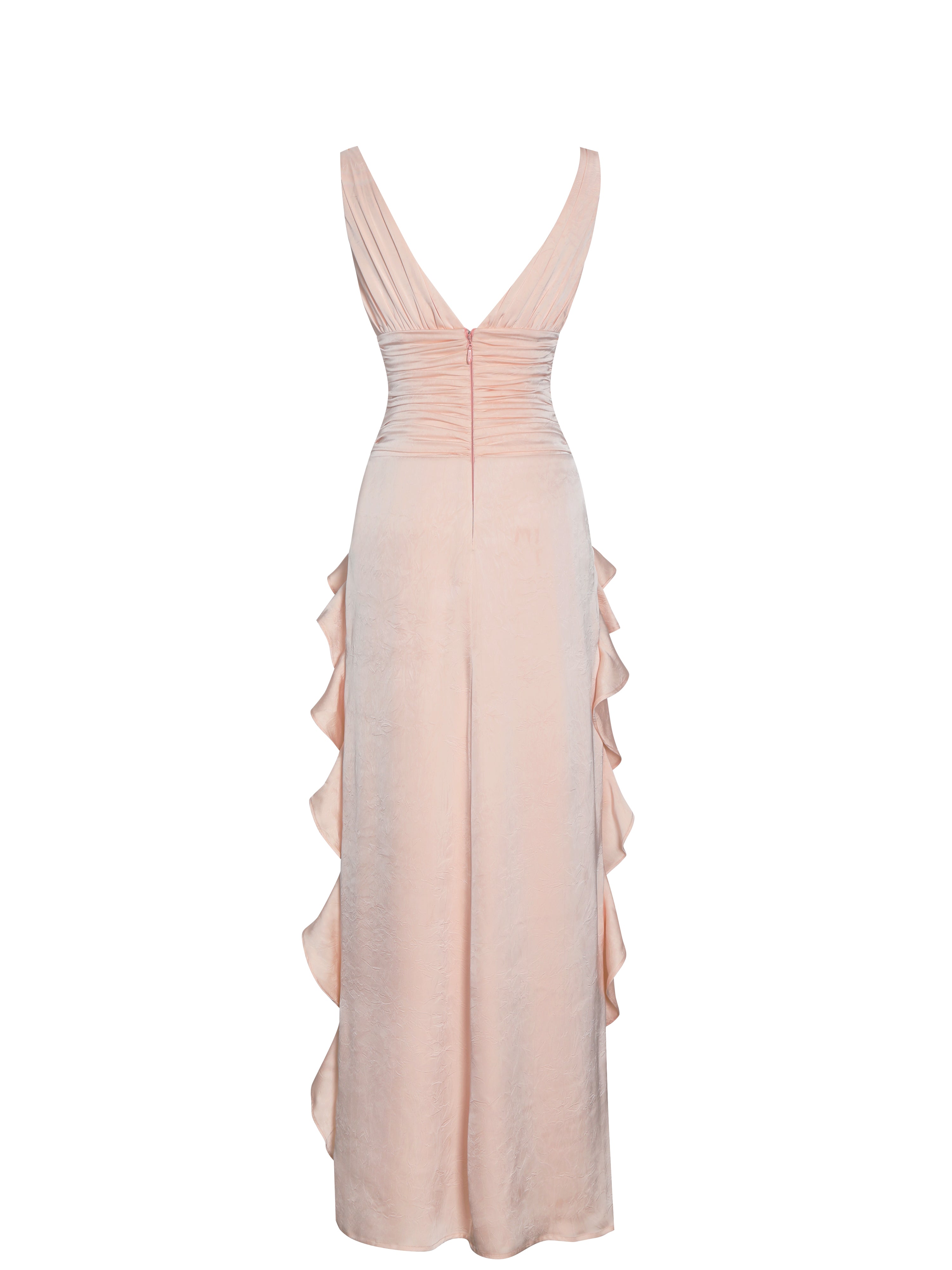 Talyssa Baby Pink Ruched Waist Double High Slit Maxi Gown