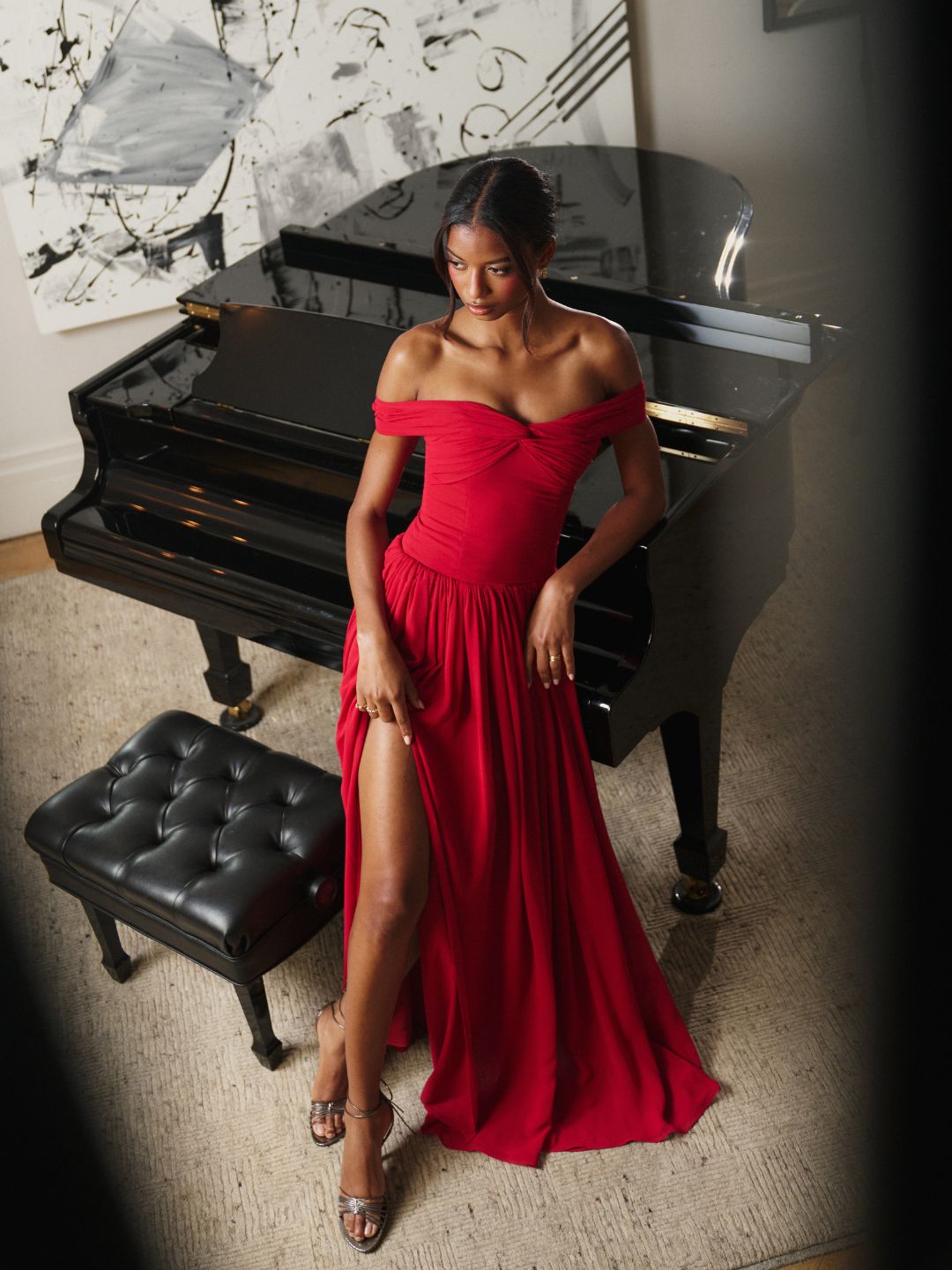 Tereza Crimson Georgette Bardot High-Slit Maxi Dress