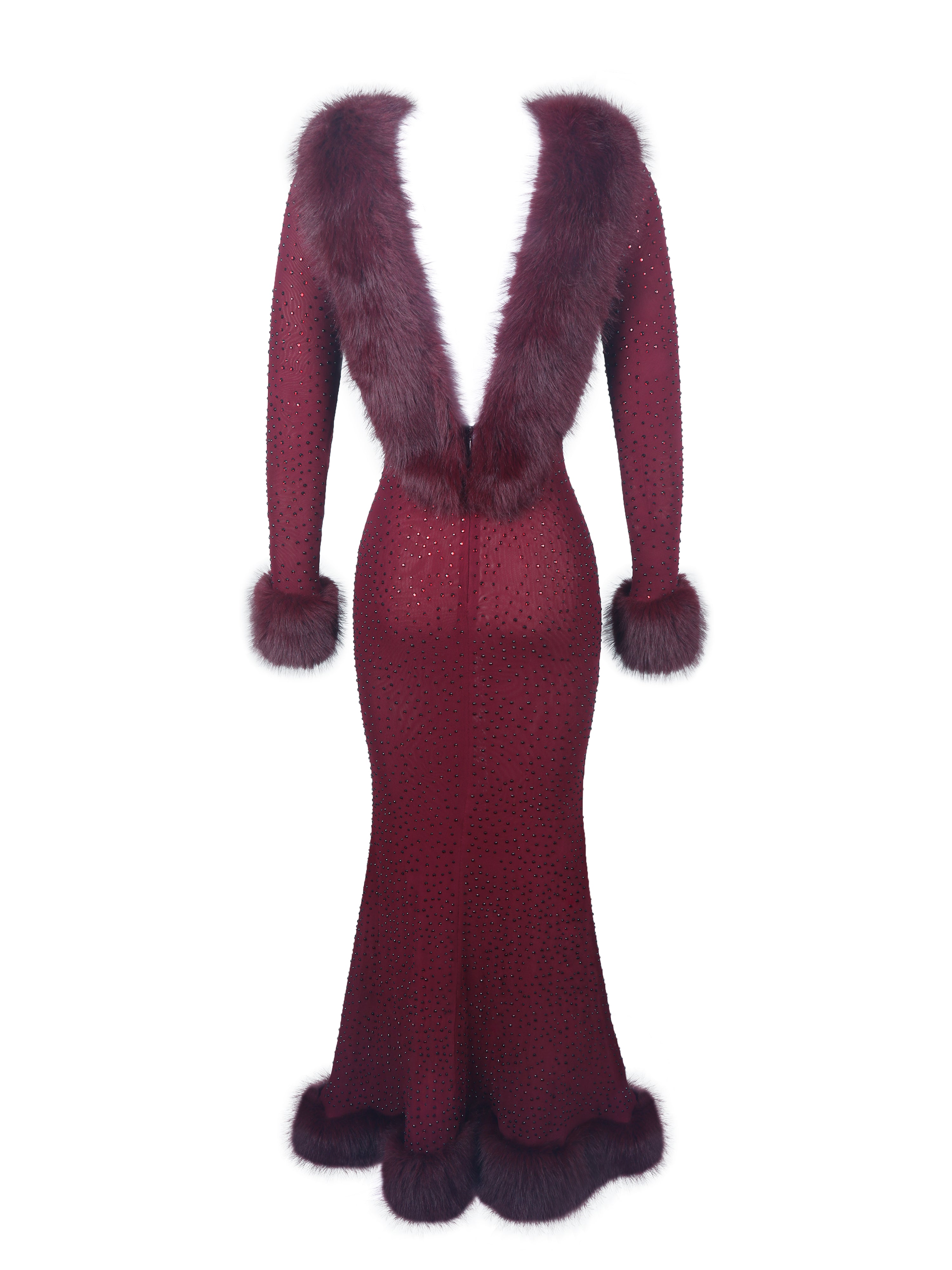 Melrose Burgundy Rhinestone Mesh Low Back Mermaid Dress