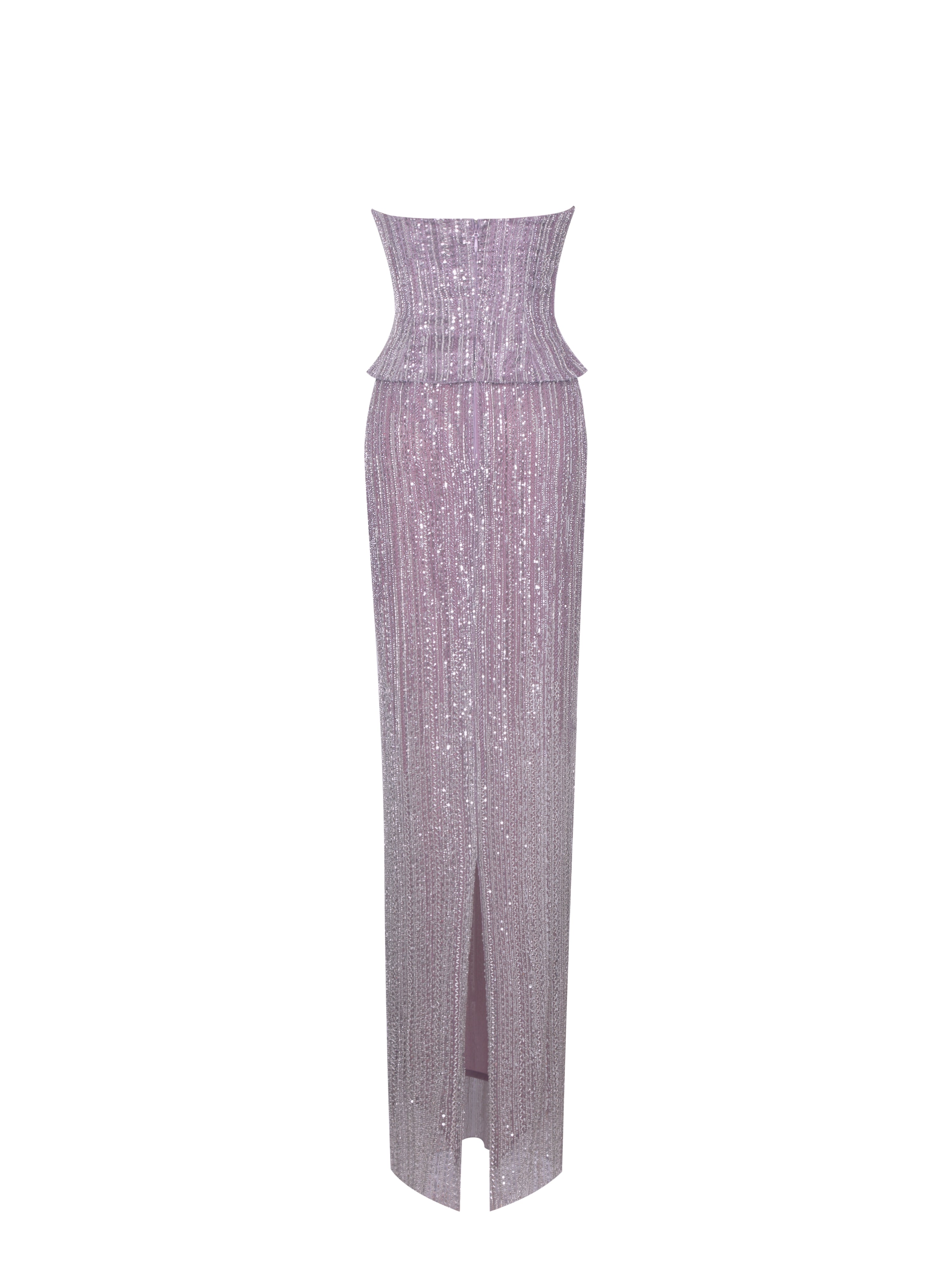 Tosca Beaded Purple Gradient Strapless Peplum Maxi Dress